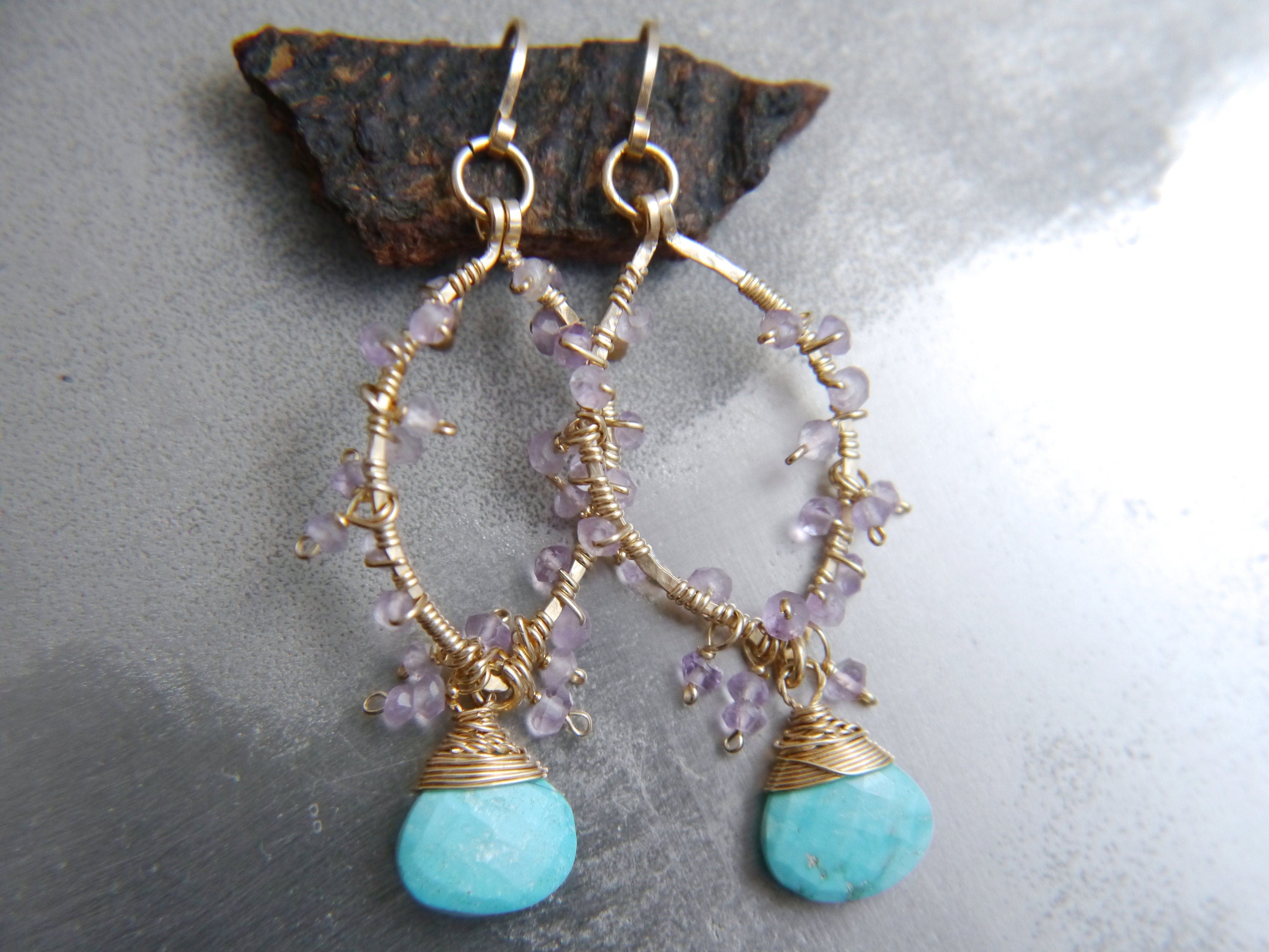 Turquoise Amethyst Floral Gemstone Earrings, 14K Gold Filled Botanical Jewelry