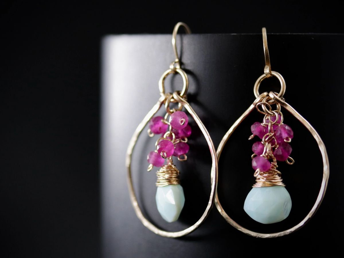 Peruvian Opal Ruby Floral Gemstone Earrings, 14K Gold Filled Bohemian Jewelry