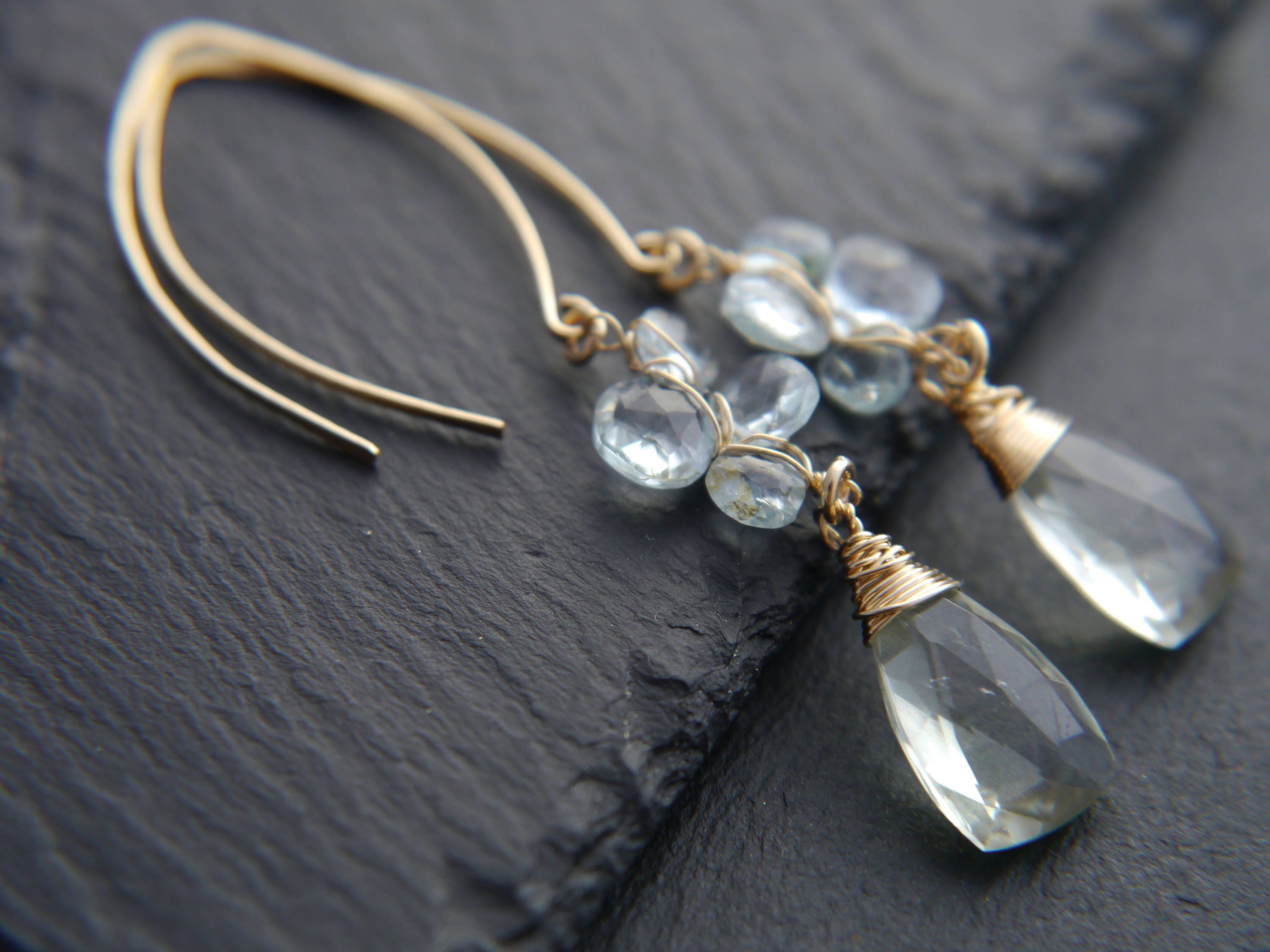 Aquamarine Green Amethyst Long Dangle Trillion Gemstone Earrings, 14K Gold Filled Bridal