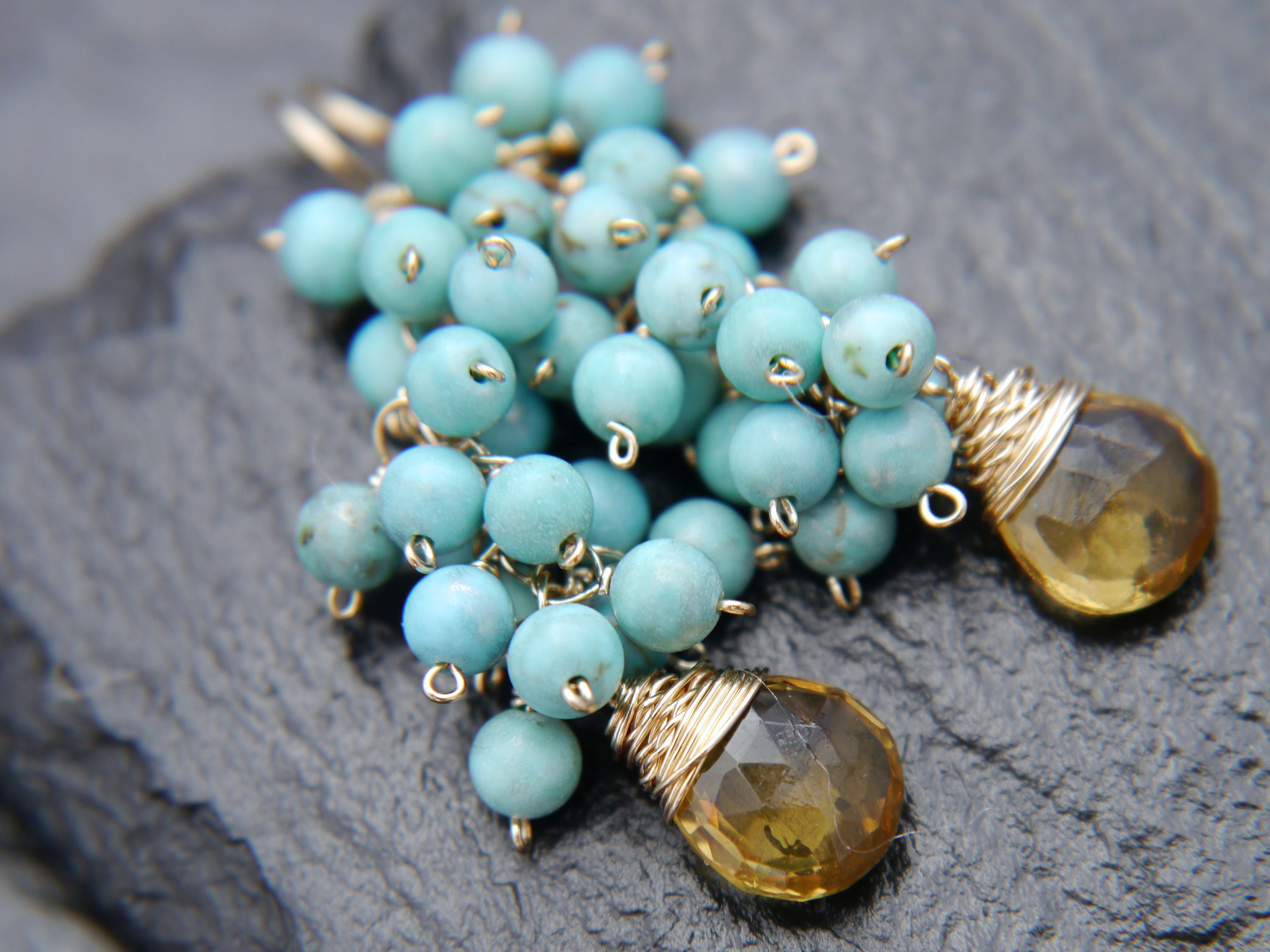 Beer Quartz Turquoise Magnesite Cluster, Gemstone Earrings, 14K Gold Filled Bohemian Jewelry