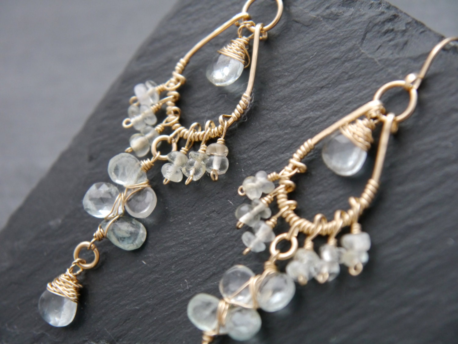 Aquamarine Floral Chandelier Earrings, 14K Gold Filled Elegant Dangle, Classic Bridal Jewelry
