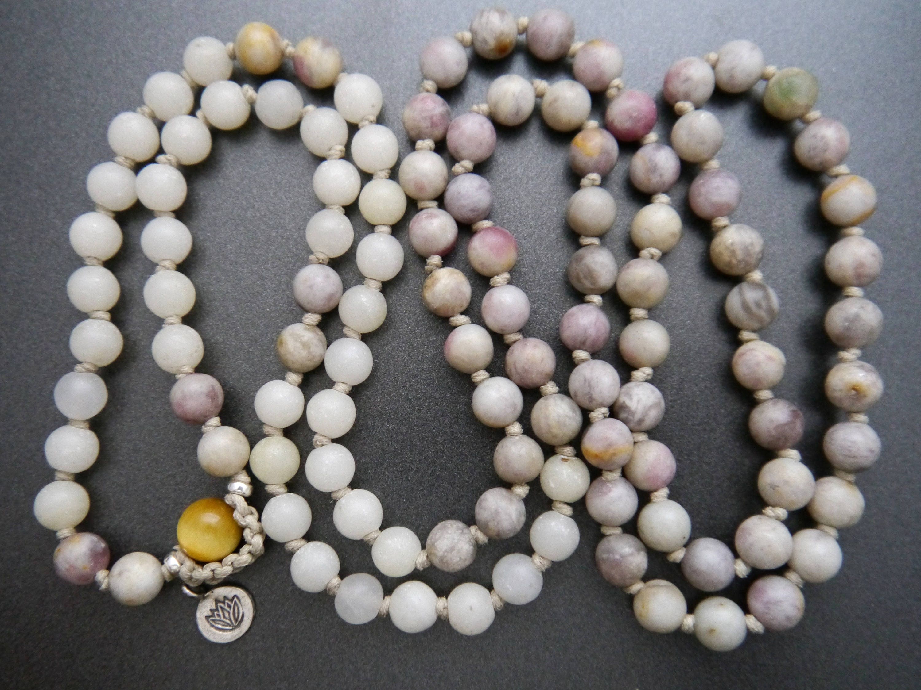 Lilac Stone, Snow Quartz, Tiger's Eye 108 Bead Mala, Hand-Knotted Meditation