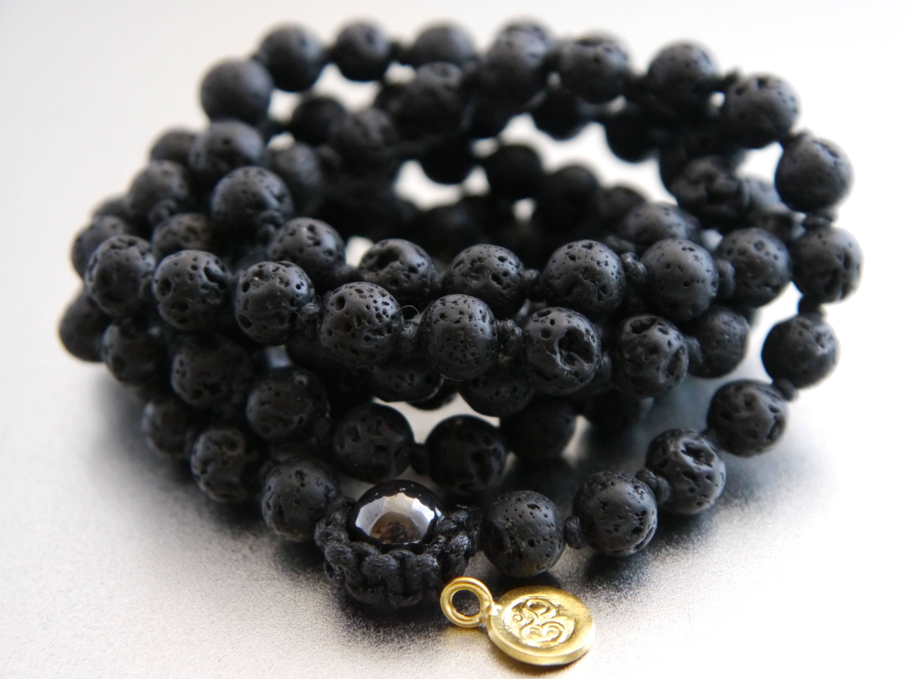 Black Lava Stone 108 Mala Bead , Wrap, Hand Knotted Tibetan Prayer Beads