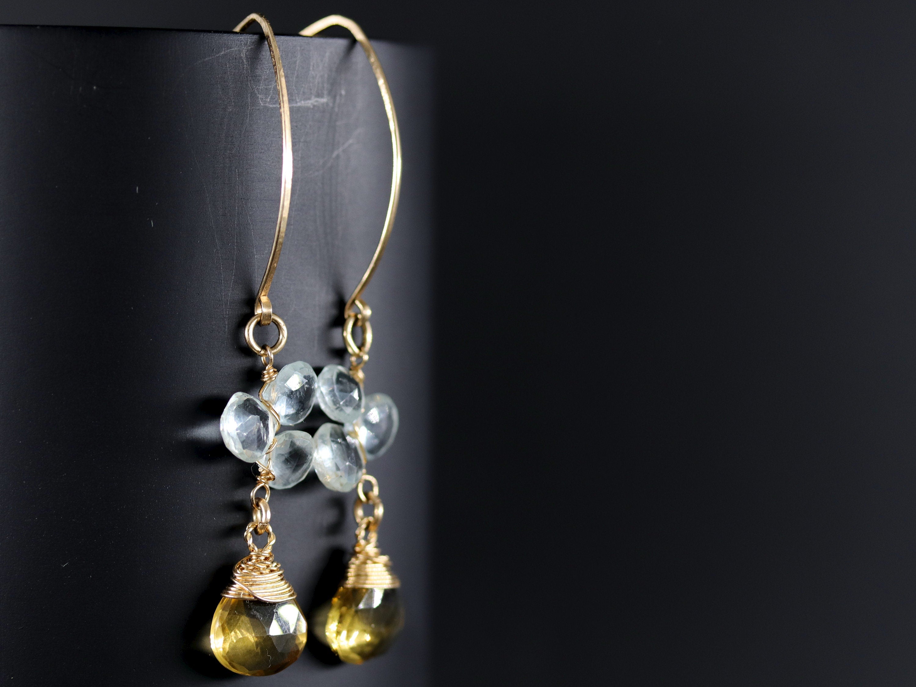 Aquamarine Citrine Floral Hoop Gemstone Earrings, 14K Gold Filled Bohemian Chic