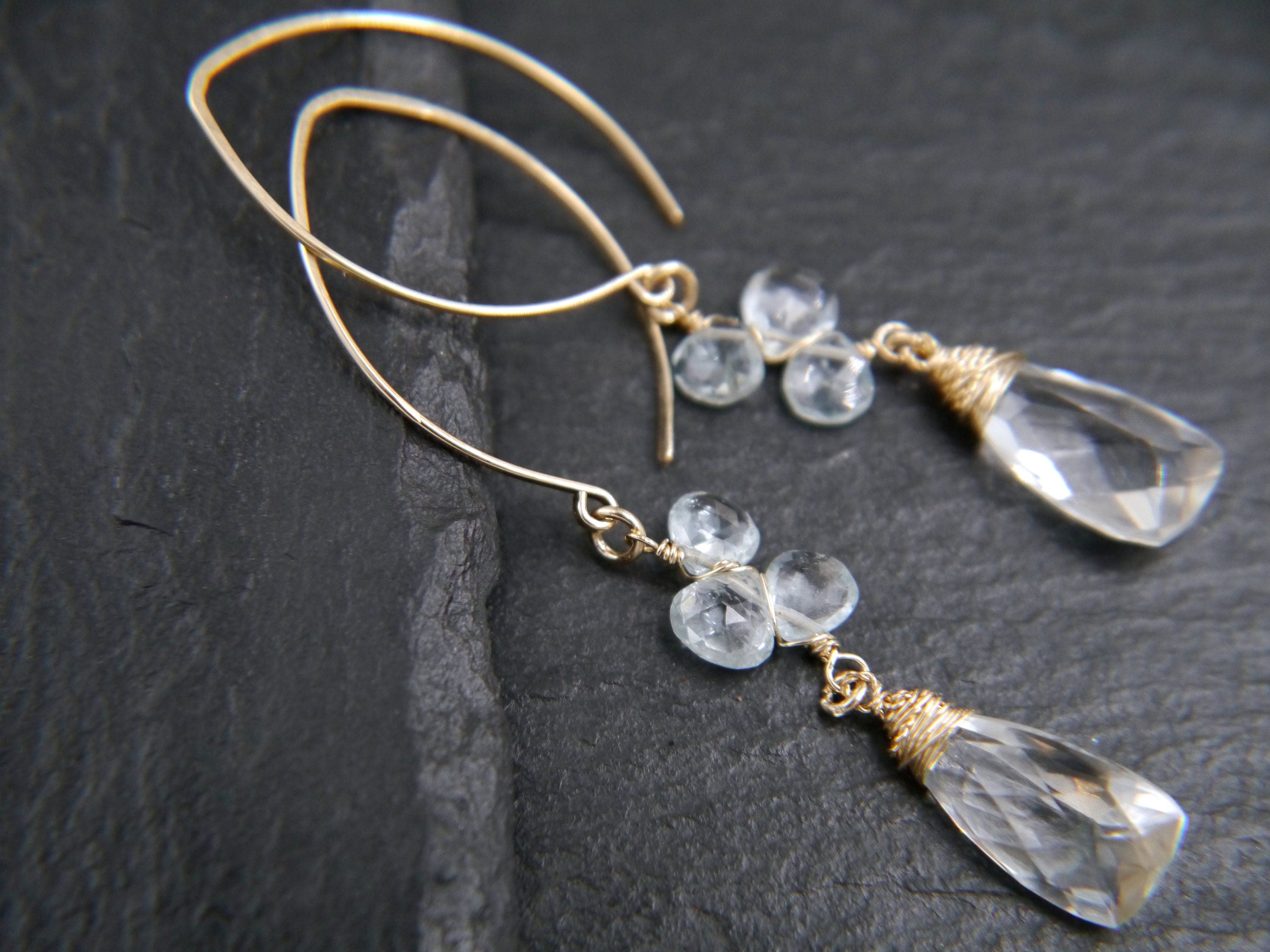 Trillion Aquamarine Quartz Gemstone Earrings, 14K Gold Filled Minimalist Jewelry
