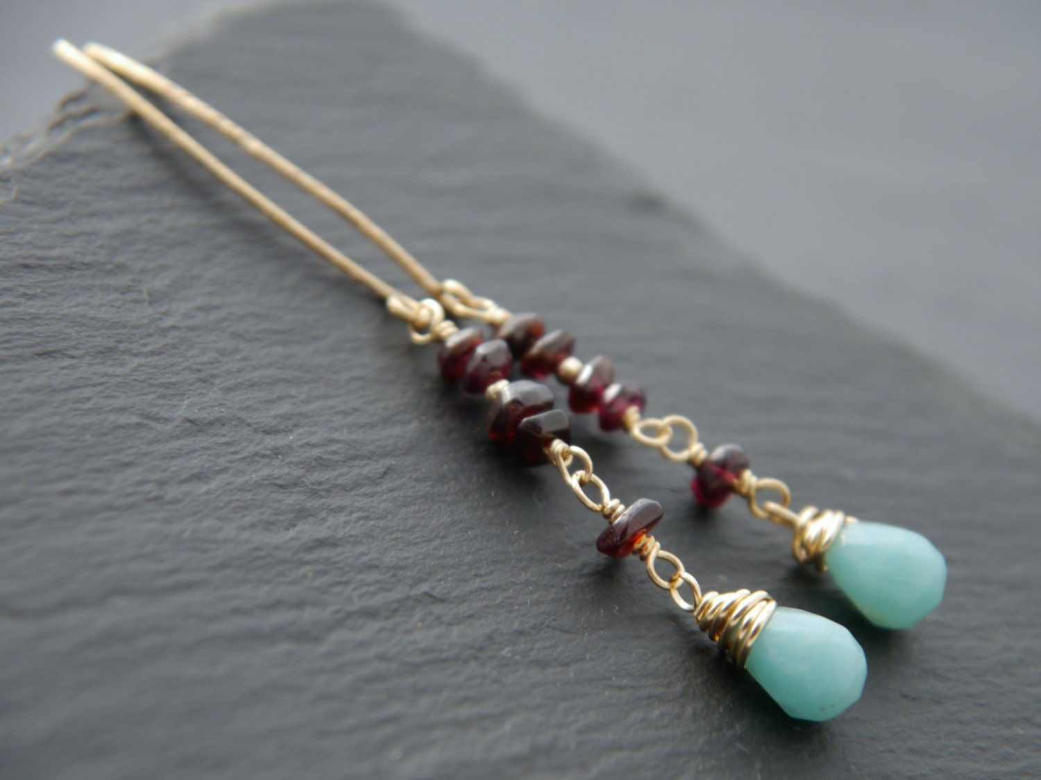 Amazonite Garnet Long Dangle Earrings, 14K Gold Filled Linear Drop, Boho Statement Jewelry