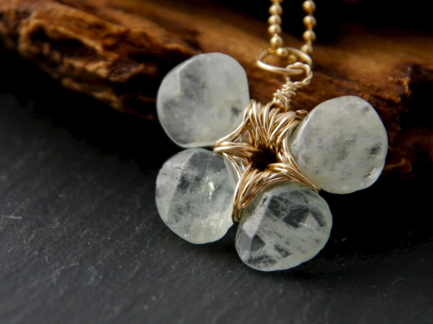Aquamarine Clover Pendant Gemstone Necklace, 14K Gold Filled