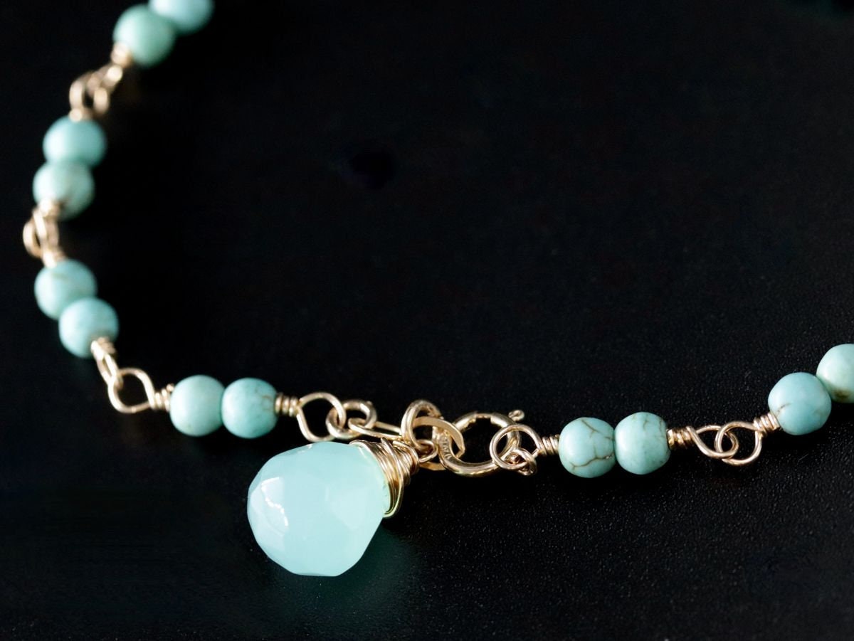 Turquoise Magnesite Aqua Chalcedony Gemstone Bracelet, 14K Gold Filled Rosary Chain, Beading