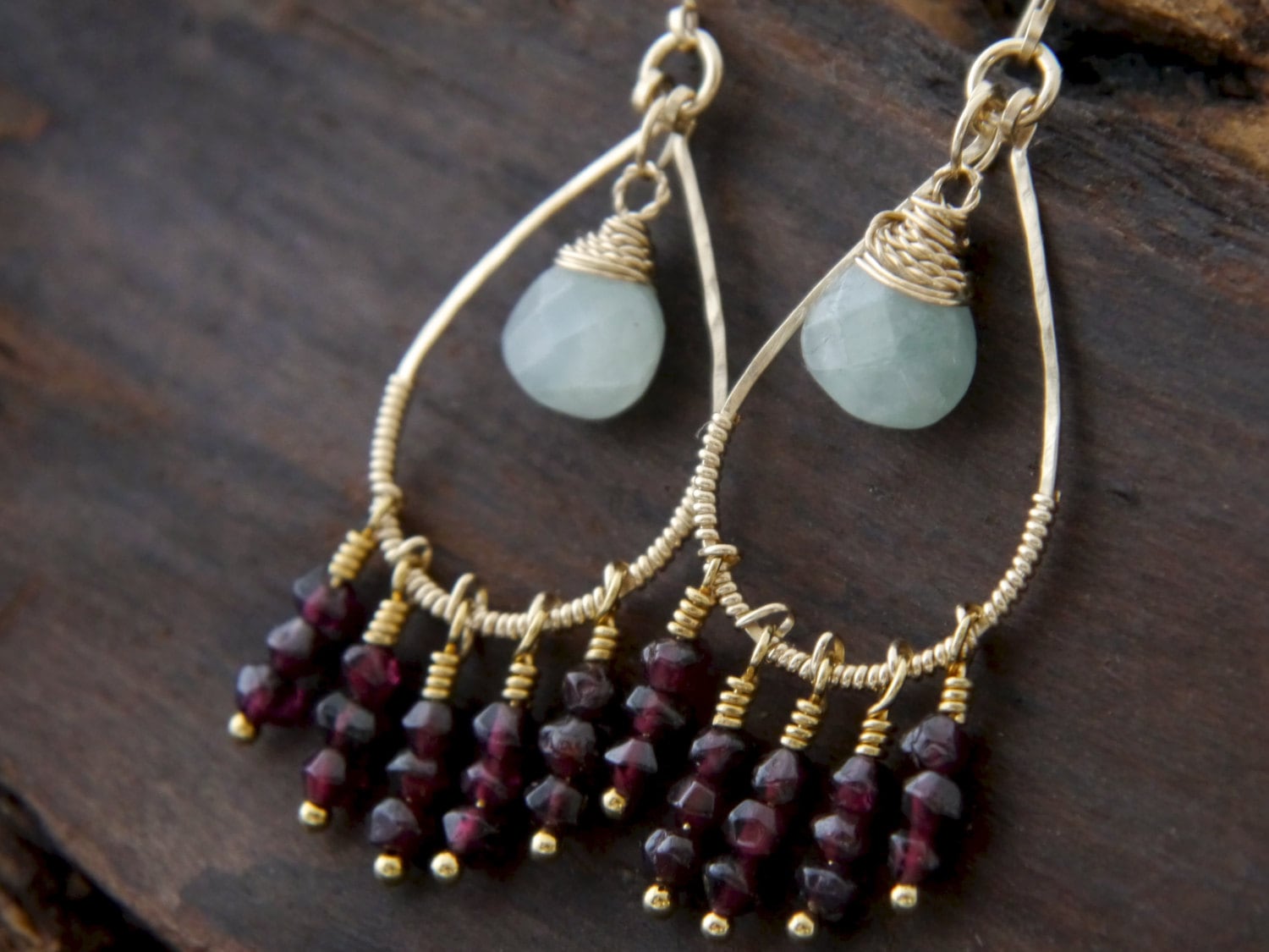 Garnet Aquamarine Art Deco Chandelier Gemstone Earrings, 14K Gold Filled Heirloom