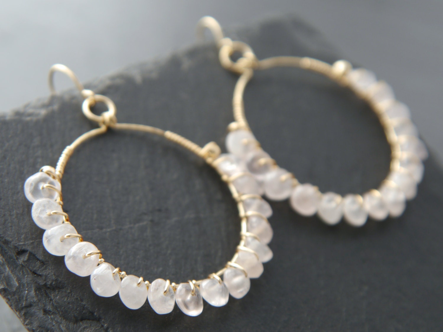 Rose Quartz Hoop Dangle Gemstone Earrings, 14K Gold Filled Jewelry Boho