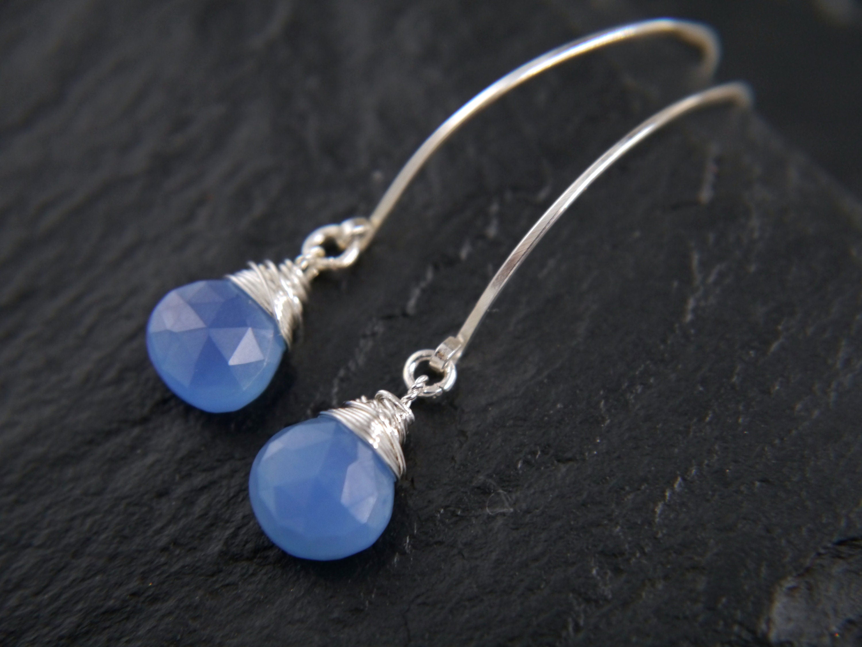 Aqua Chalcedony Long Hoop Dangle Gemstone Earrings, Sterling Silver