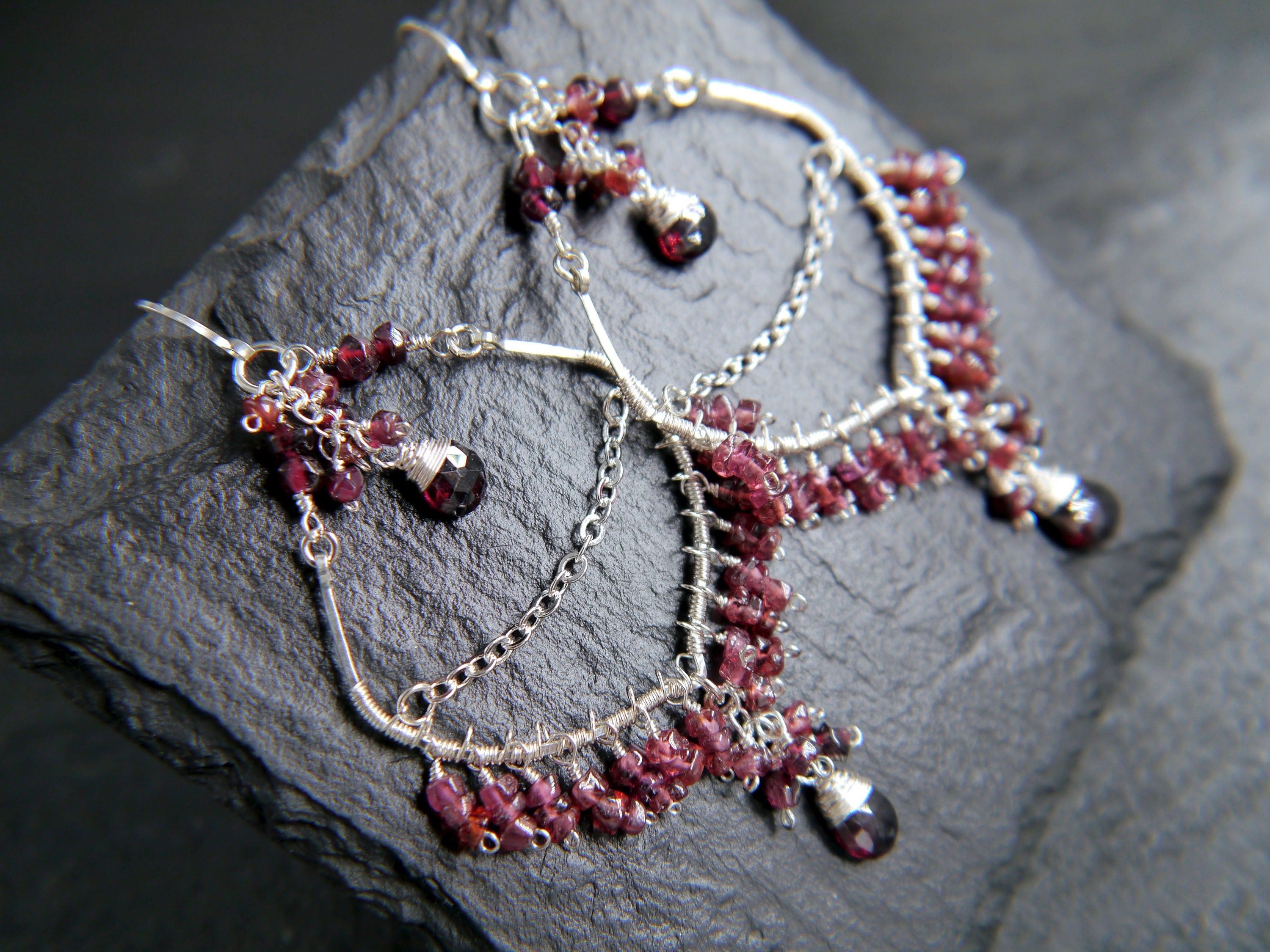 Garnet Chandelier Fringe Gemstone Earrings, Sterling Silver, Bohemian Style