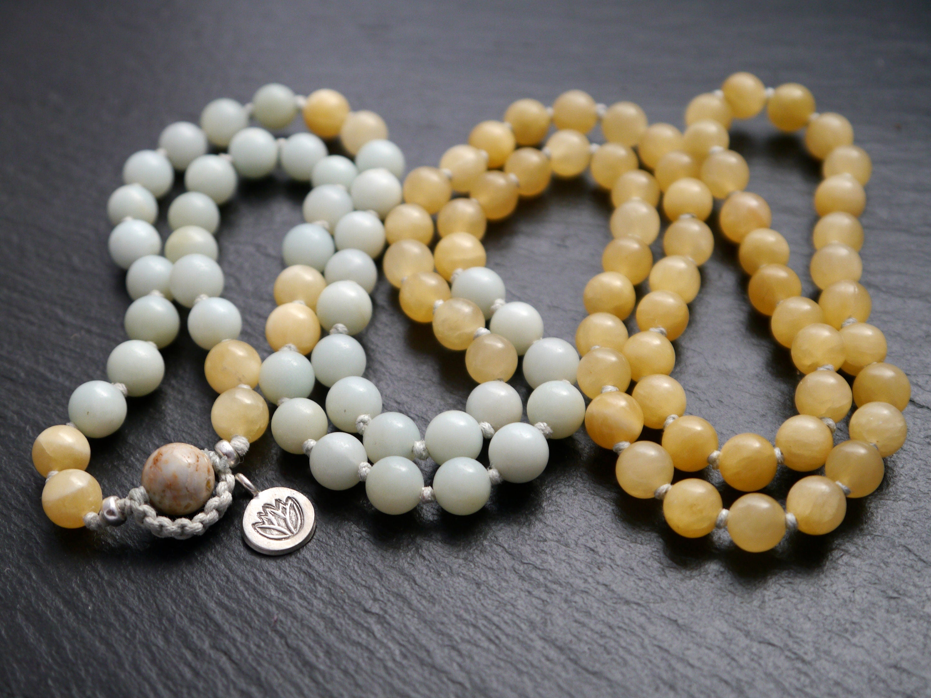 Blue Amazonite Yellow Quartz Mala Beads, 108 Gemstone Beads, Wrap, Hand Knotted