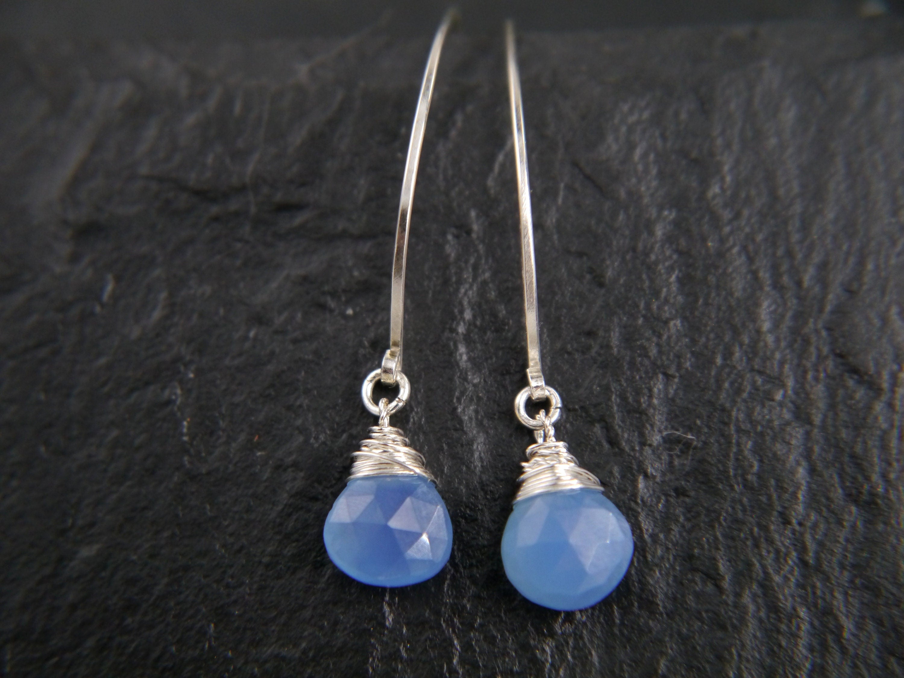 Aqua Chalcedony Long Hoop Dangle Gemstone Earrings, Sterling Silver
