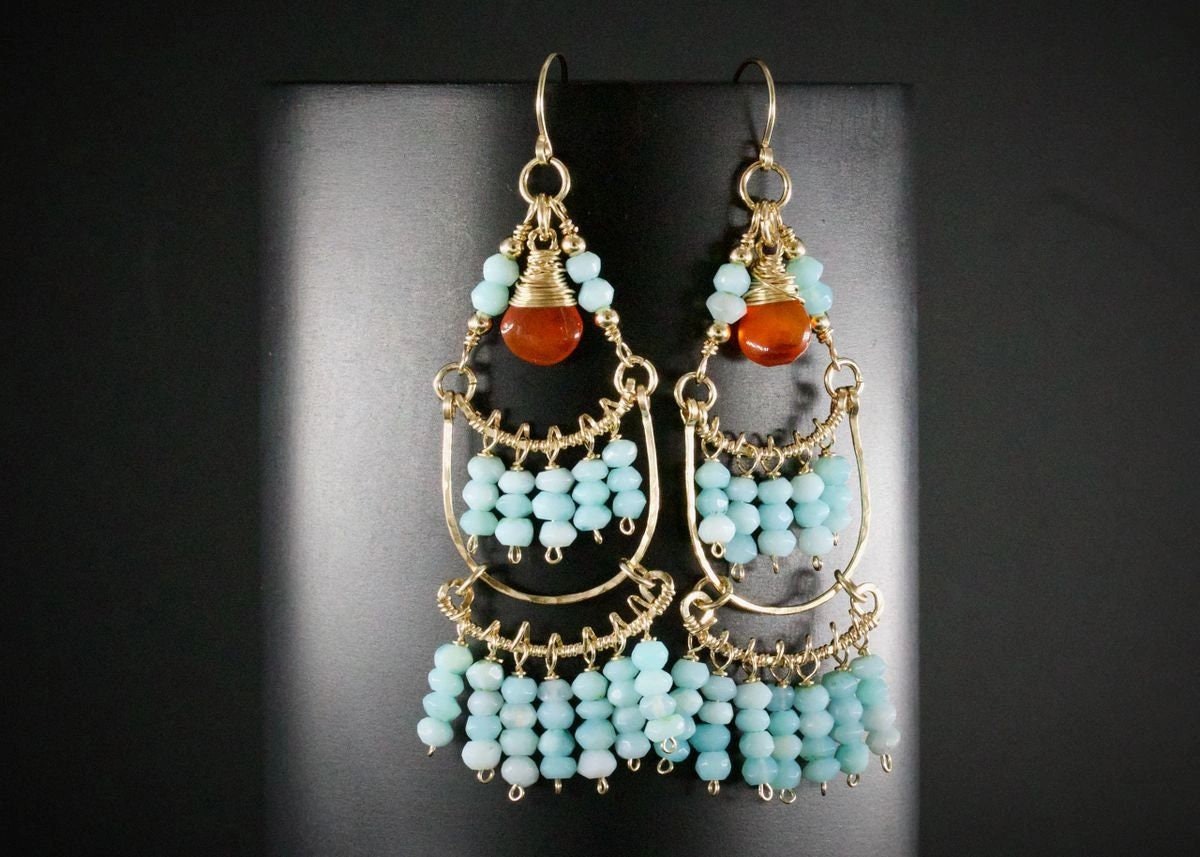 Carnelian Amazonite Chandelier Fringe Gemstone Earrings, 14K Gold Filled Unique Boho