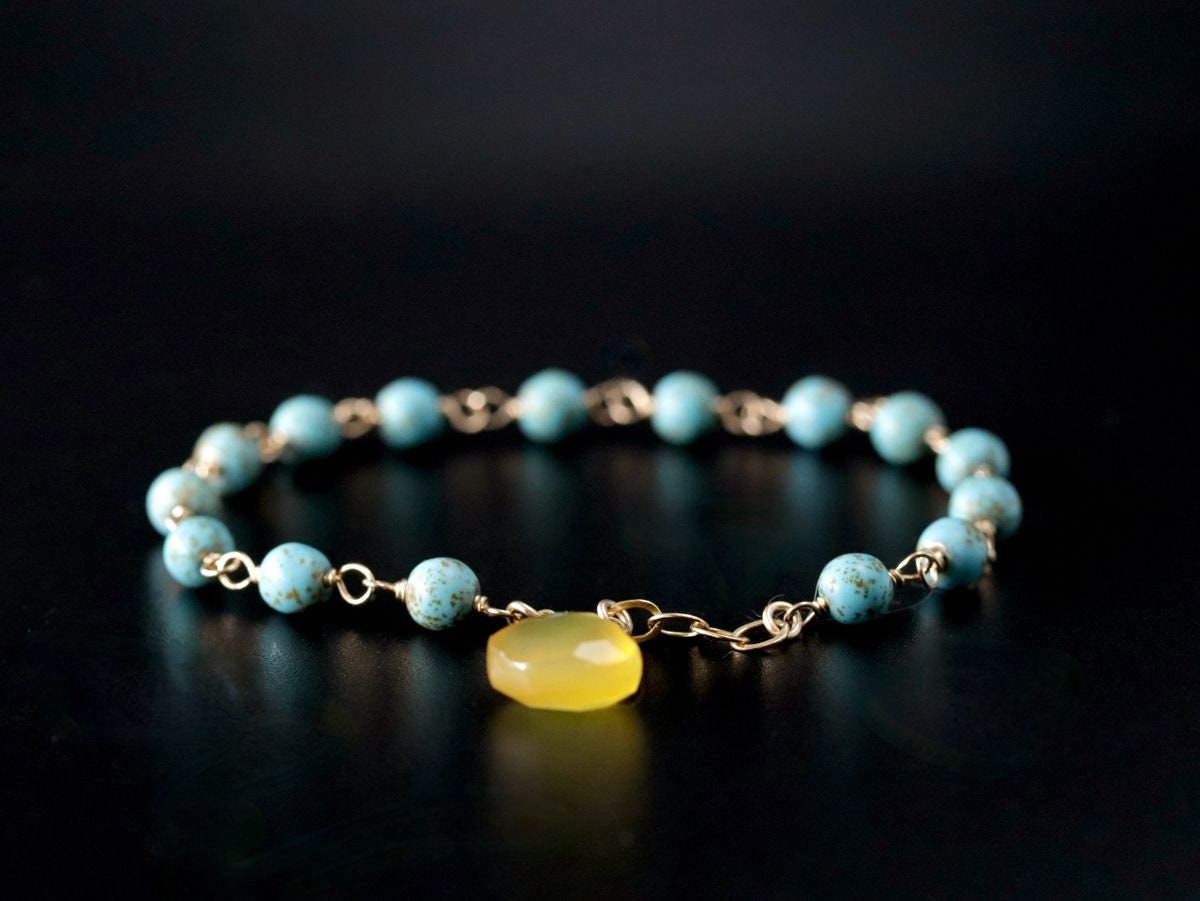Turquoise Magnesite Yellow Chalcedony Gemstone Bracelet, 14K Gold Filled Rosary Chain, Minimalist Jewelry