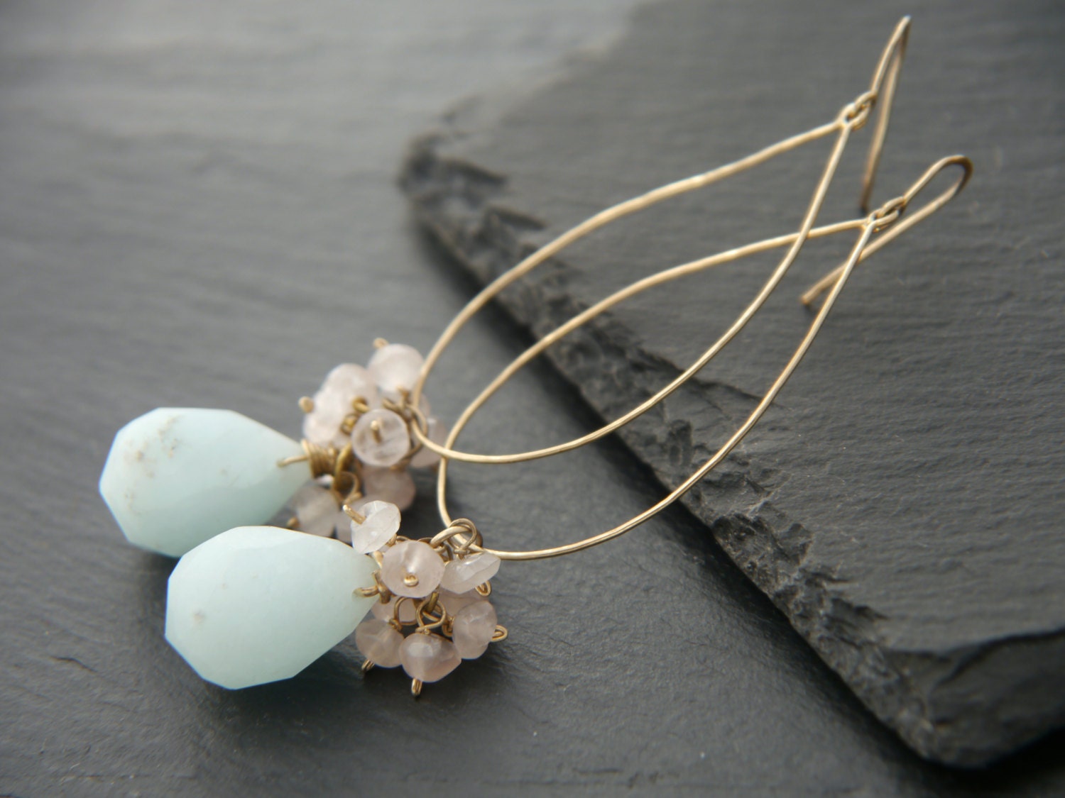 Pink Rose Quartz Cluster Amazonite Hoop Floral Gemstone Earrings, 14K Gold Filled