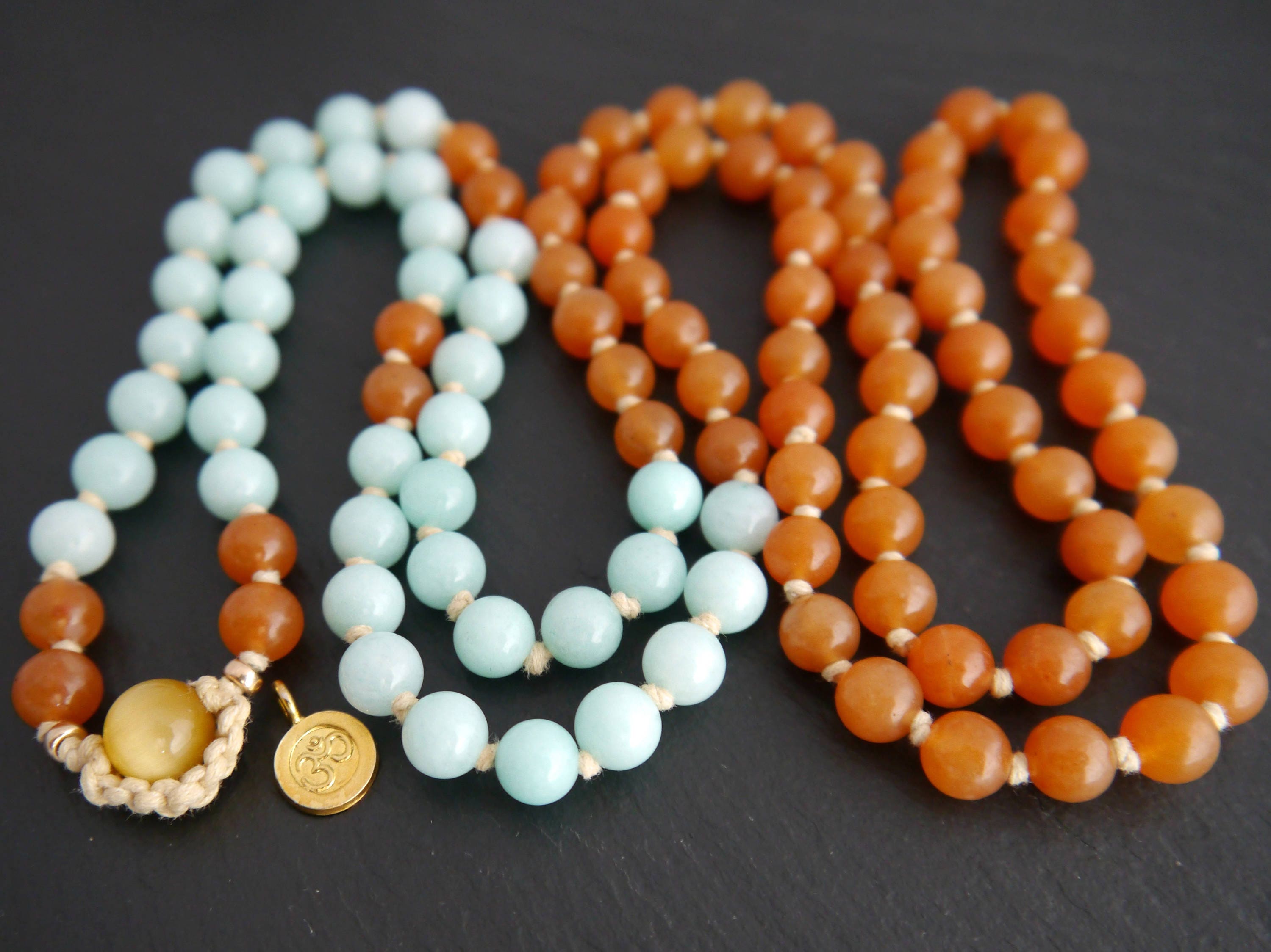 Red Aventurine Amazonite 108 Mala Bead , Wrap, Hand Knotted Tibetan Prayer Beads