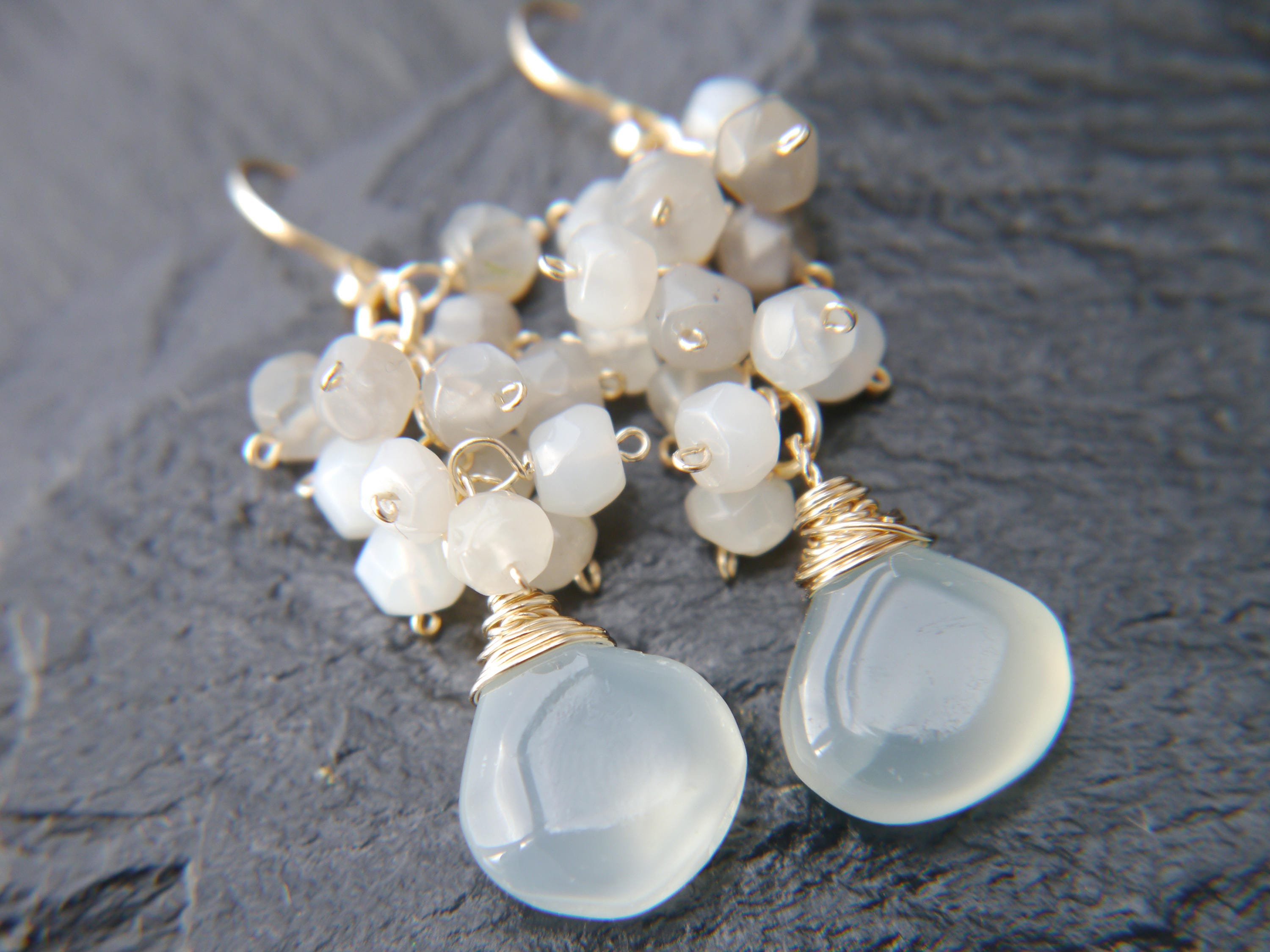 Aqua Chalcedony Briolette Moonstone Cluster Gemstone Earrings, 14K Gold Filled