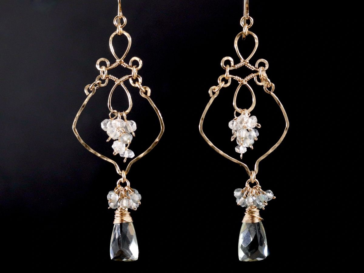 Green Amethyst Pink Opal Floral Chandelier Gemstone Earrings, 14K Gold Filled Bridal