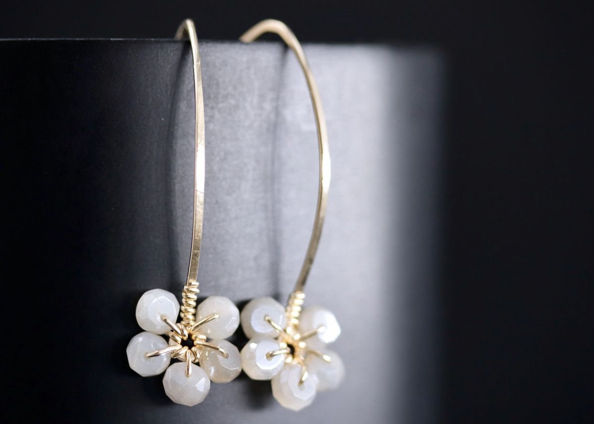 Moonstone Floral Hoop Gemstone Earrings, 14K Gold Filled Nature Inspired