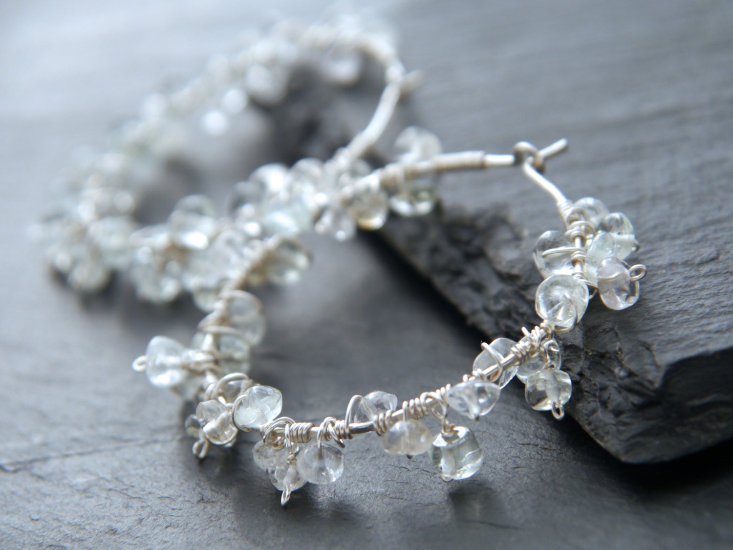 Aquamarine Floral Hoop Gemstone Earrings, Sterling Silver, Garden Wedding