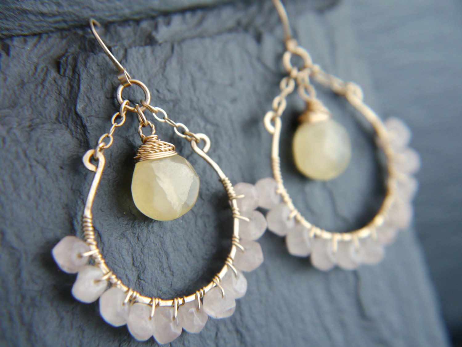 Rose Quartz Yellow Calcite Floral Hoop Gemstone Earrings, 14K Gold Filled Wedding