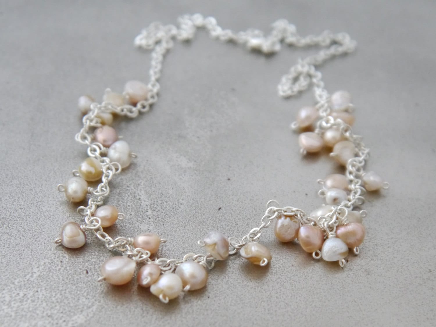 Freshwater Pink Pearl Floral Vine Gemstone Necklace, Sterling Silver, Wedding Jewelry