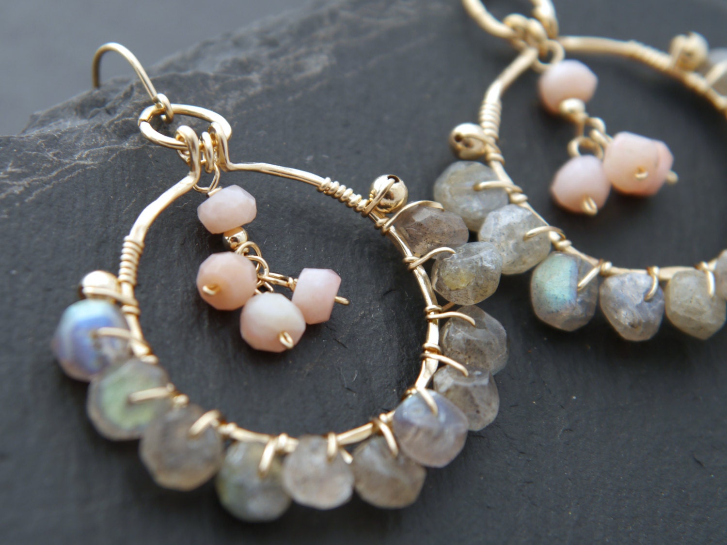 Labradorite Opal Floral Hoop Gemstone Earrings, 14K Gold Filled Bohemian Jewelry