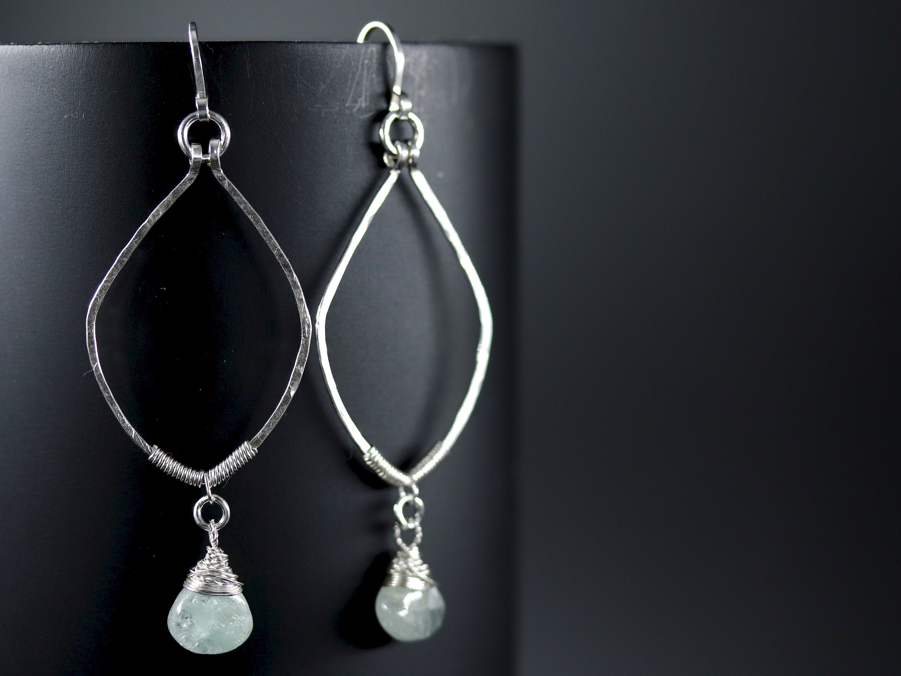 Aquamarine Leaf Dangle Gemstone Earrings, Sterling Silver, Nature Inspired