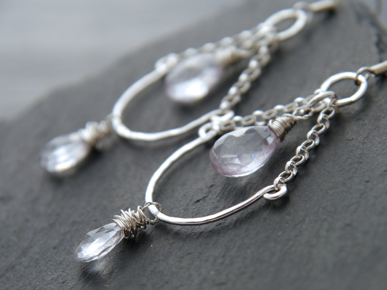 Quartz Teardrop Briolette Chandelier Gemstone Earrings, Sterling Silver Wedding Jewelry