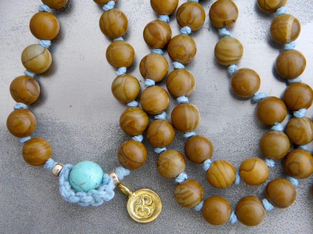 Brown Tigerskin Jasper 108 Mala Bead , Wrap, Hand Knotted Tibetan Prayer Beads