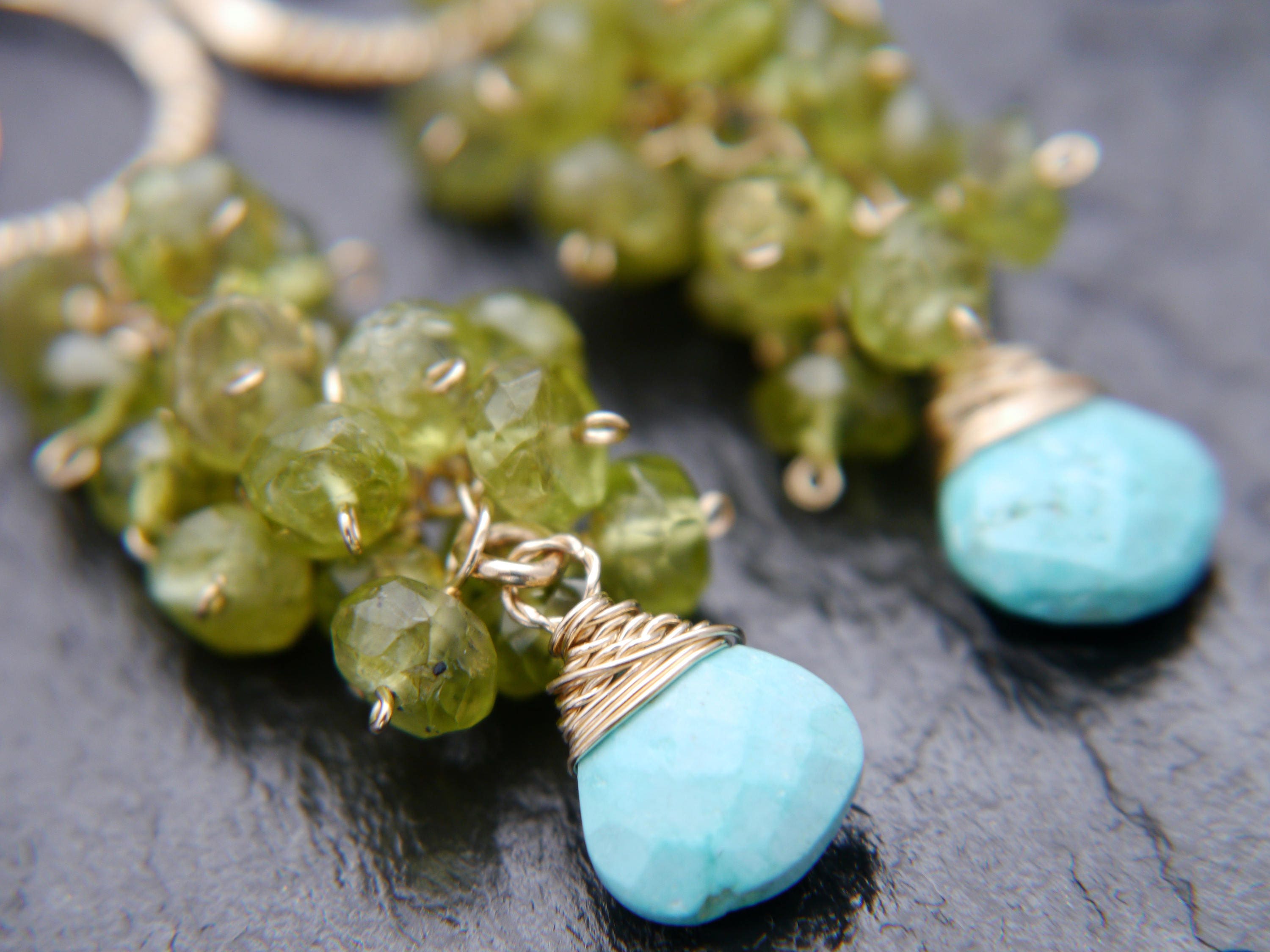 Turquoise Peridot Floral Cluster Long Dangle Gemstone Earrings, 14K Gold Filled
