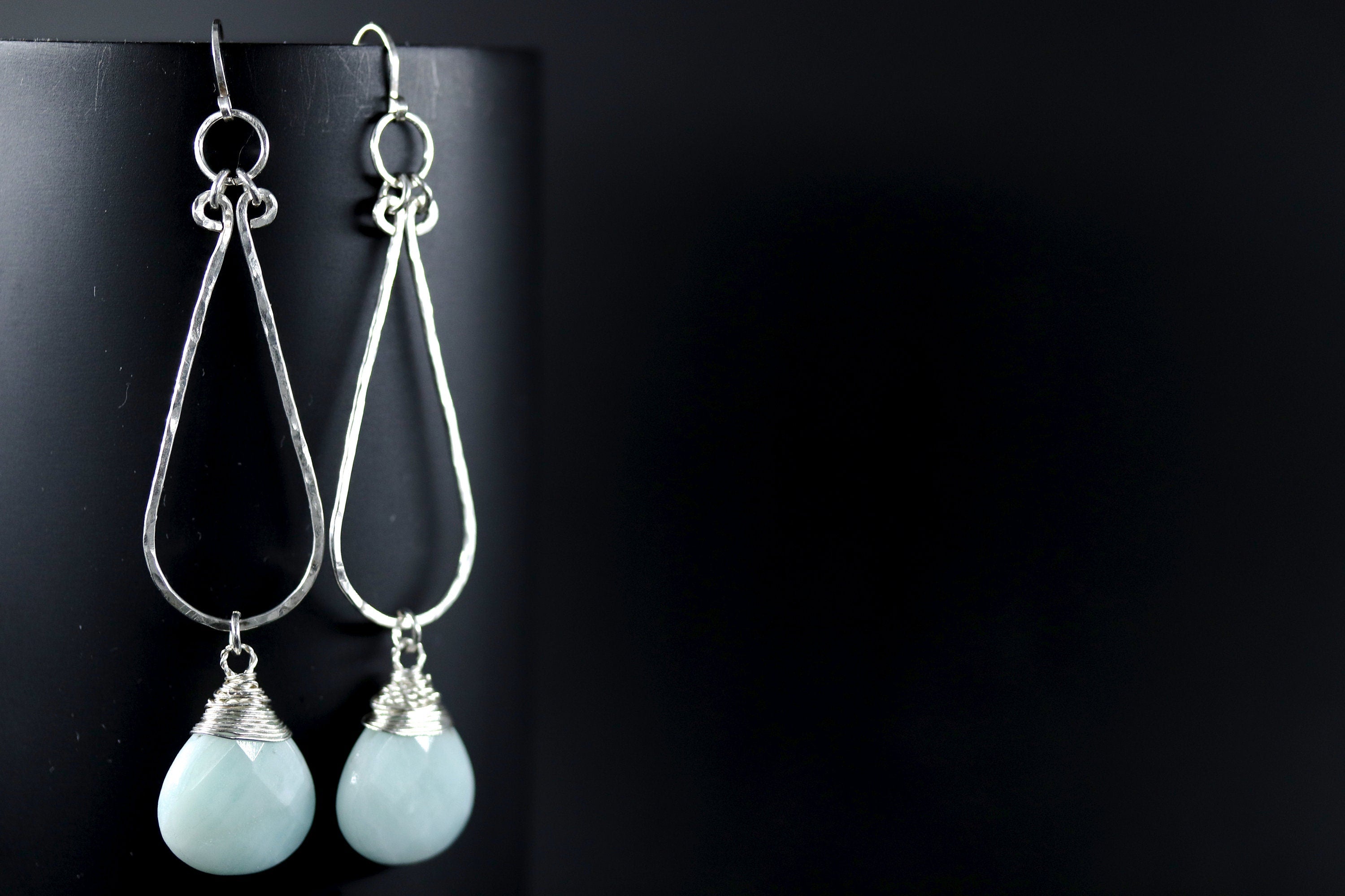 Aqua Amazonite Long Teardrop Hoop Gemstone Earrings, Sterling Silver
