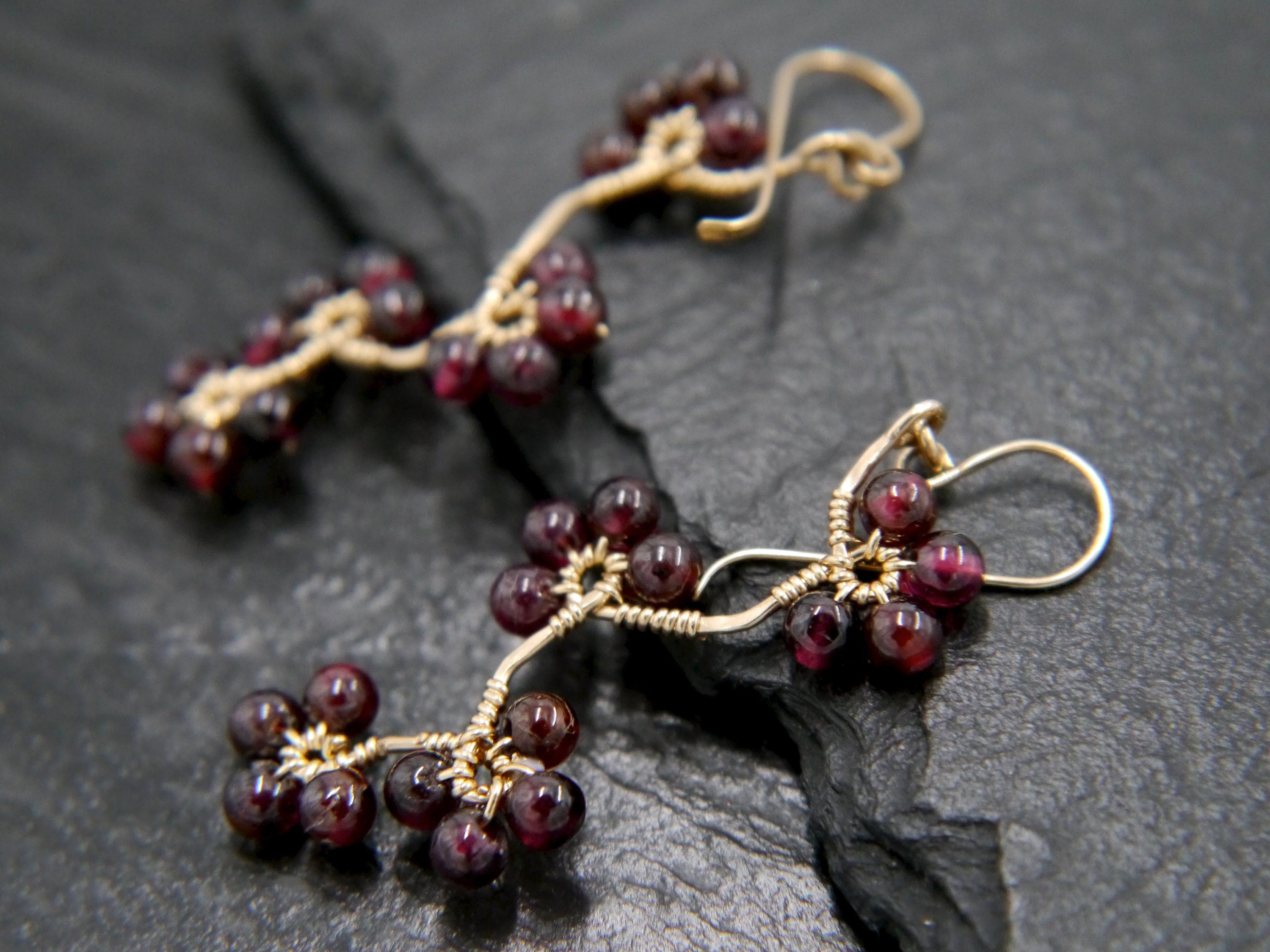 Garnet Floral Dangle Gemstone Earrings, 14K Gold Filled Artisan Heirloom