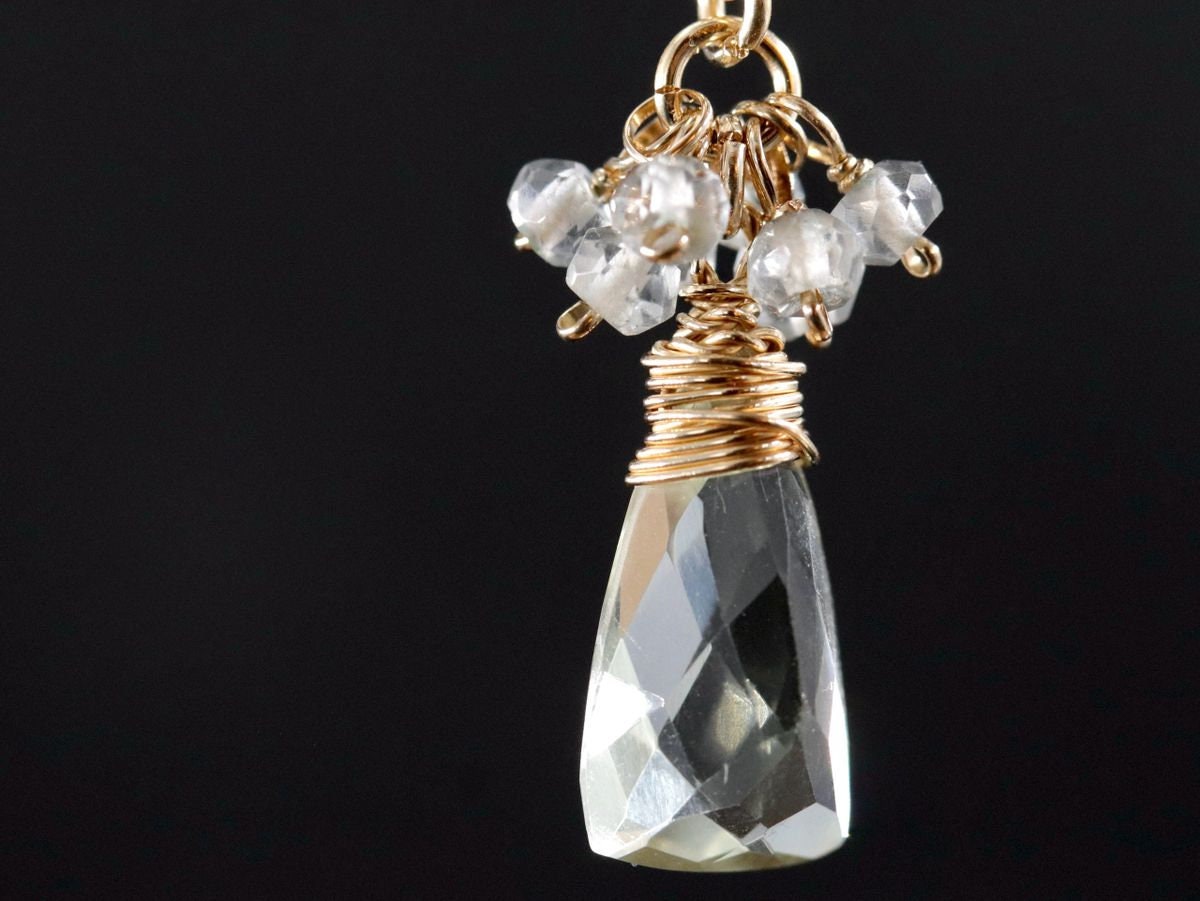 Green Amethyst Pink Opal Floral Chandelier Gemstone Earrings, 14K Gold Filled Bridal