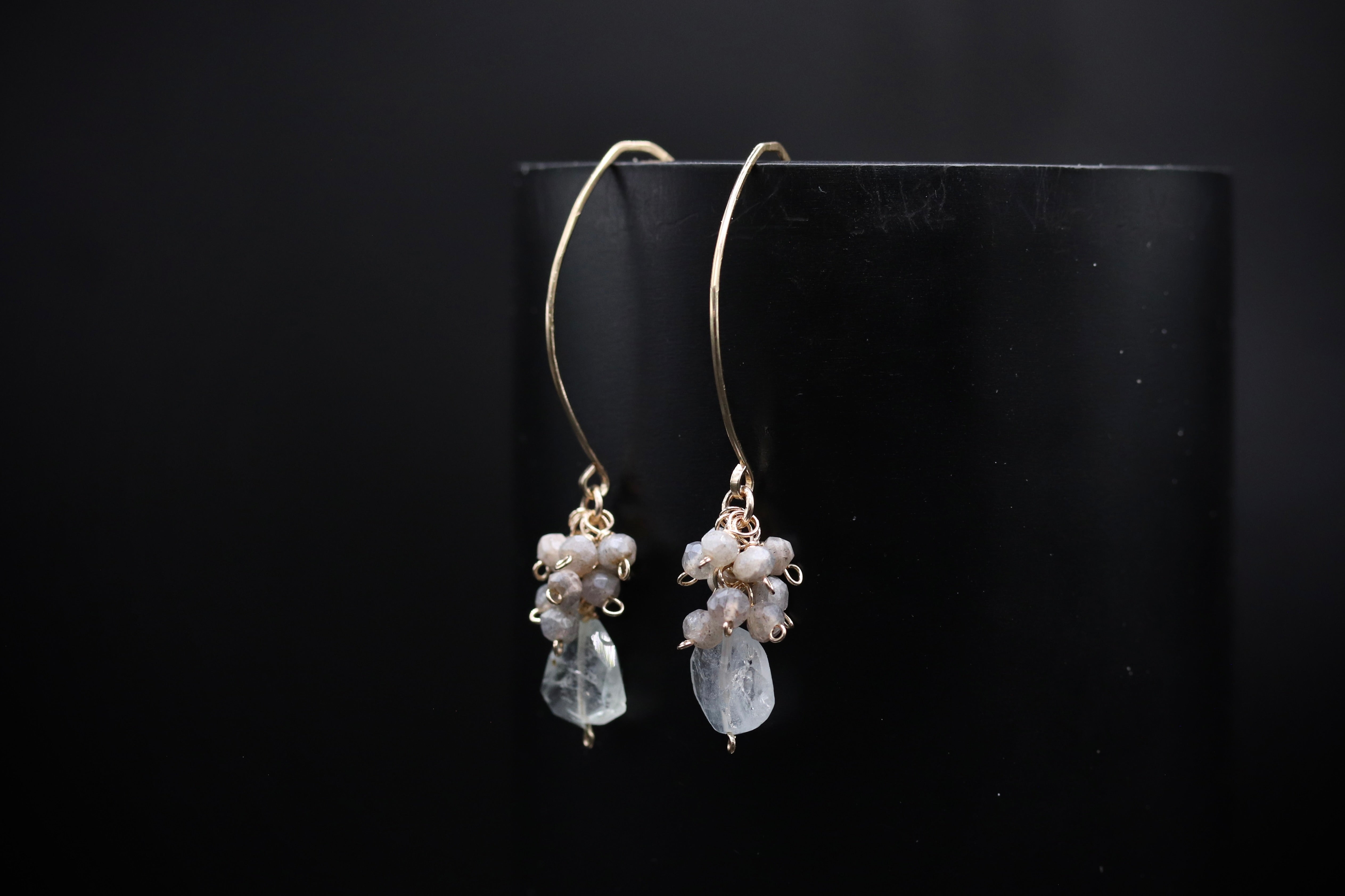 A pair of elegant earrings with clear gemstone accents, hanging from a curved hook against a dark background.