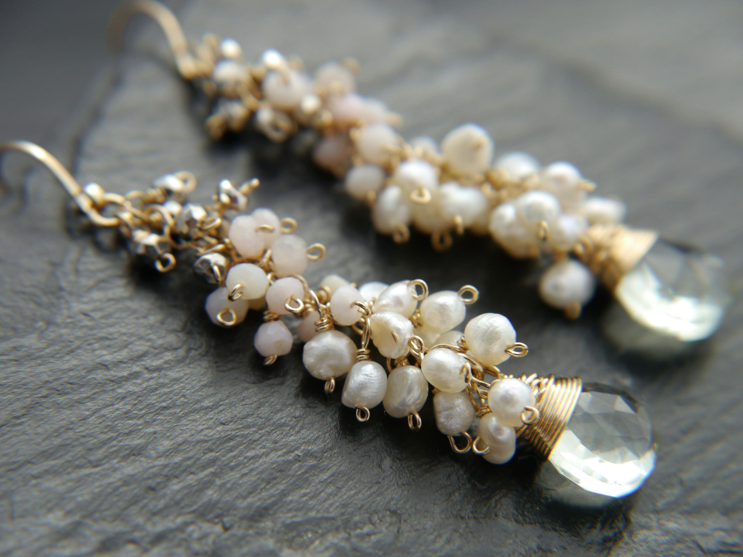 Green Amethyst Pearl Teardrop Cluster Floral Gemstone Earrings, 14K Gold Filled