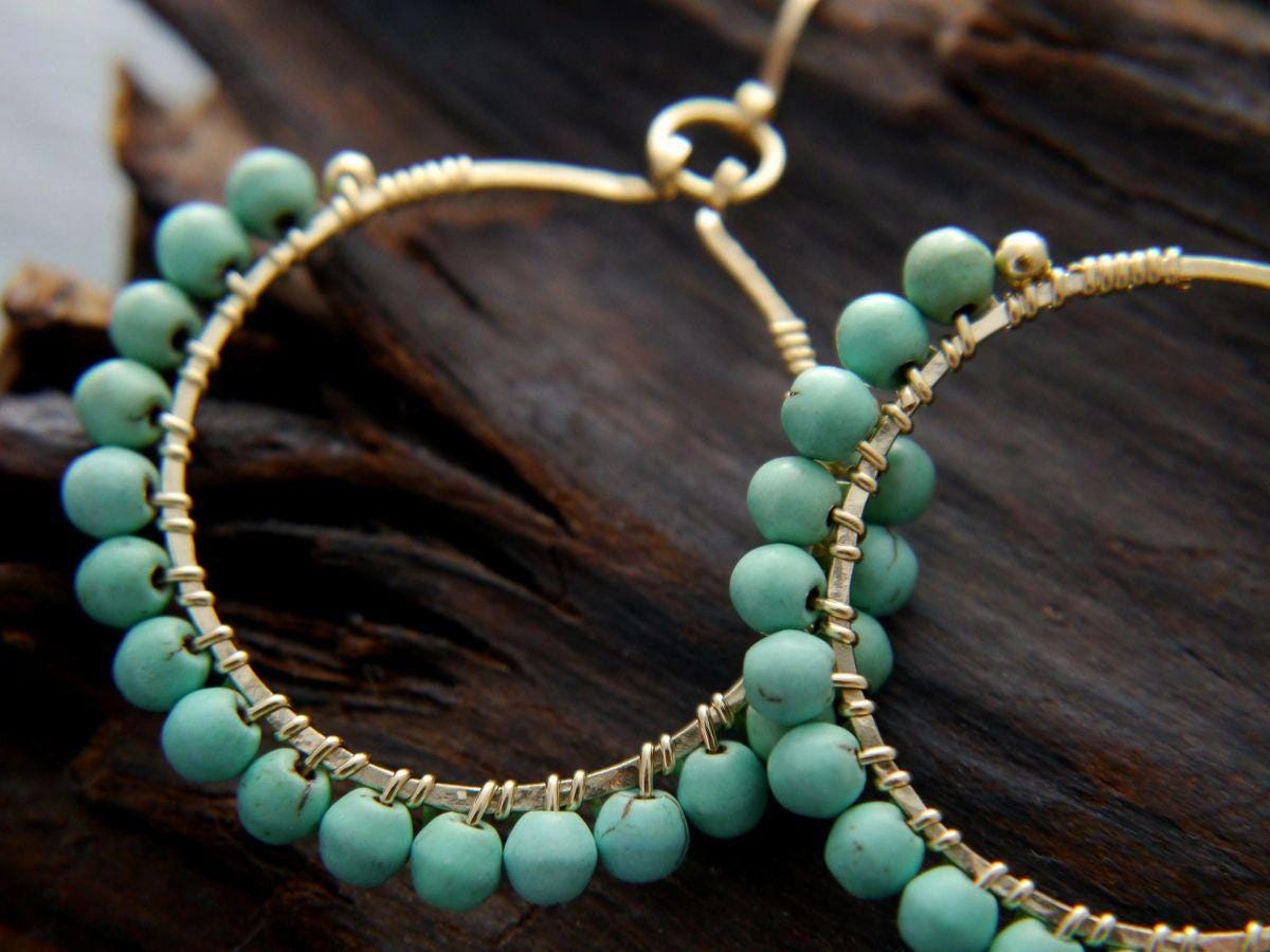 Turquoise Magnesite Hoop Gemstone Earrings, 14K Gold Filled Summer Style