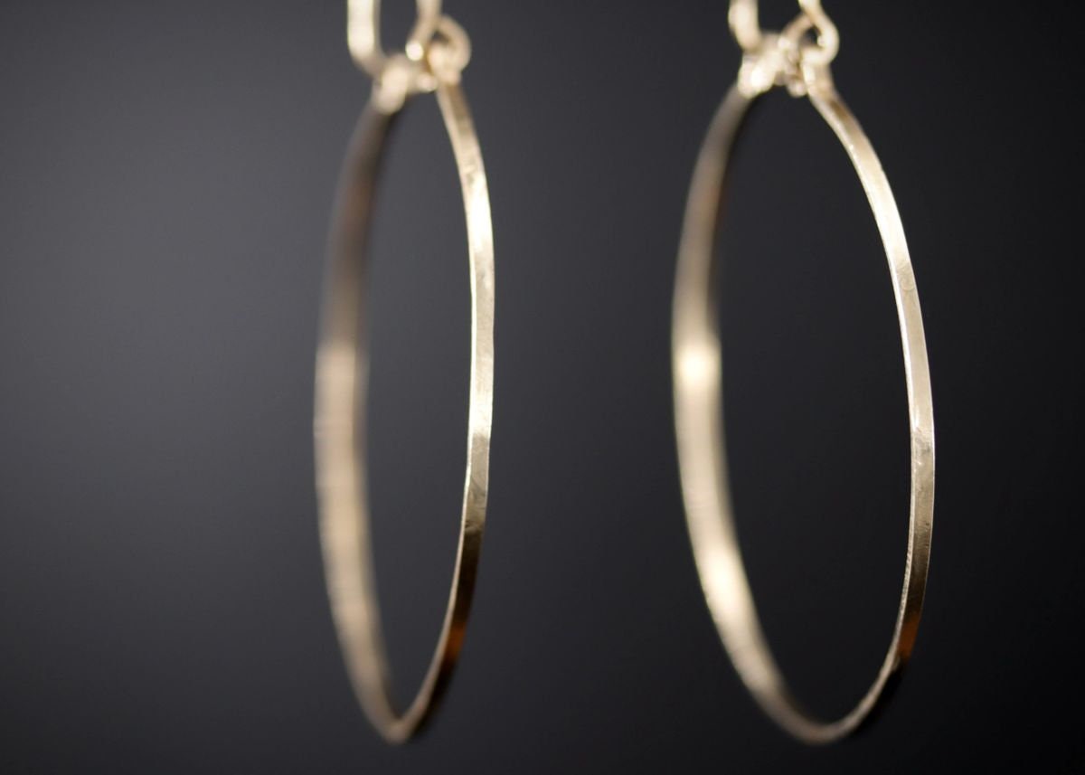 14K Gold Filled Hoop Earrings Large, Hammered Boho Chic Style