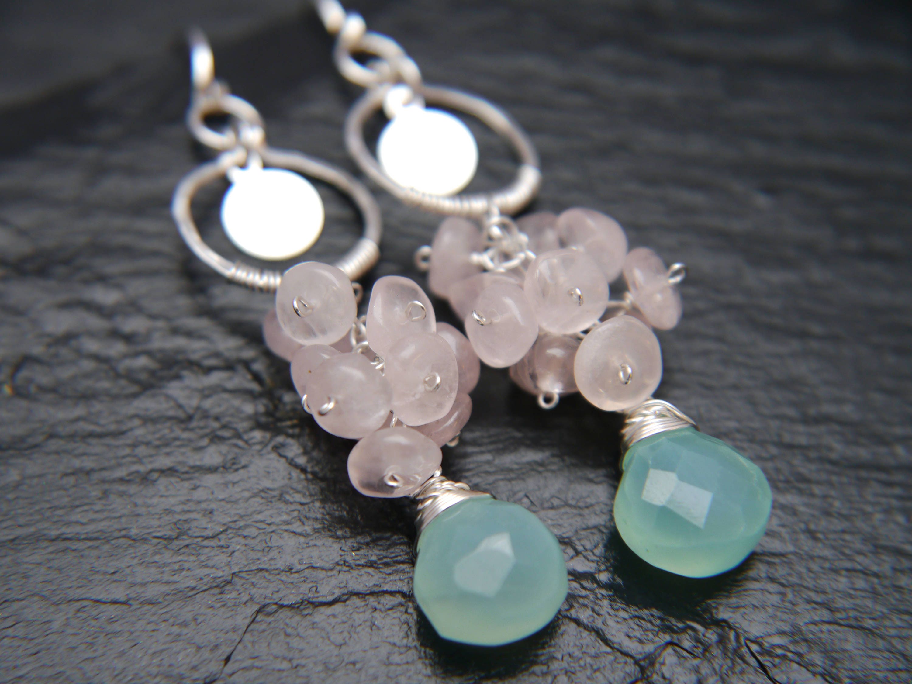 Aqua Chalcedony Rose Quartz Floral Cluster Long Dangle Gemstone Earrings, Sterling Silver