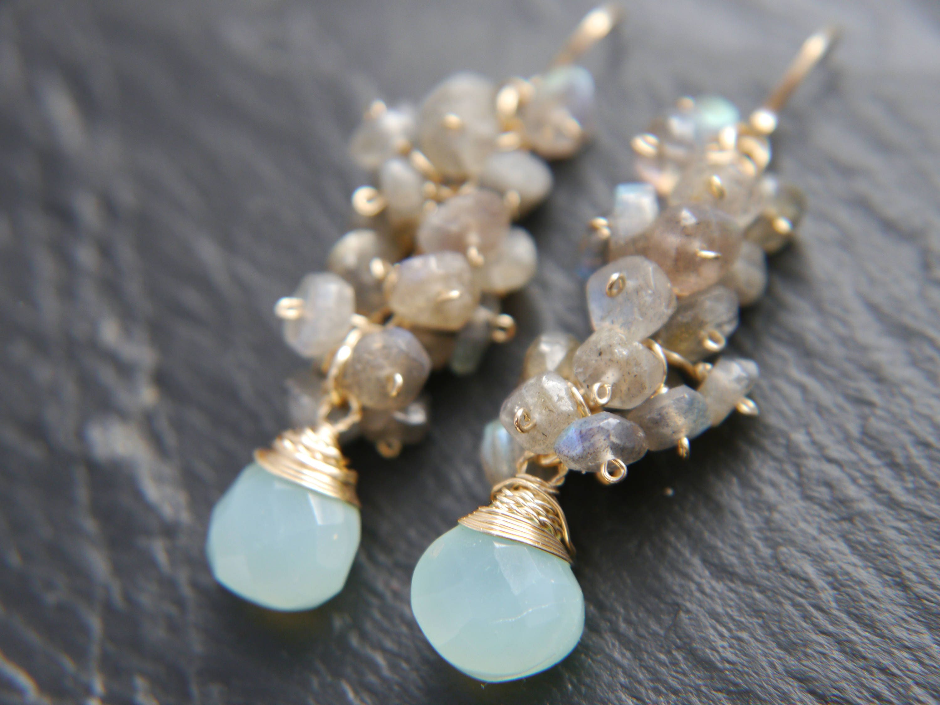 Aqua Chalcedony Briolette Labradorite Cluster Gemstone Earrings, 14K Gold Filled Romantic Style