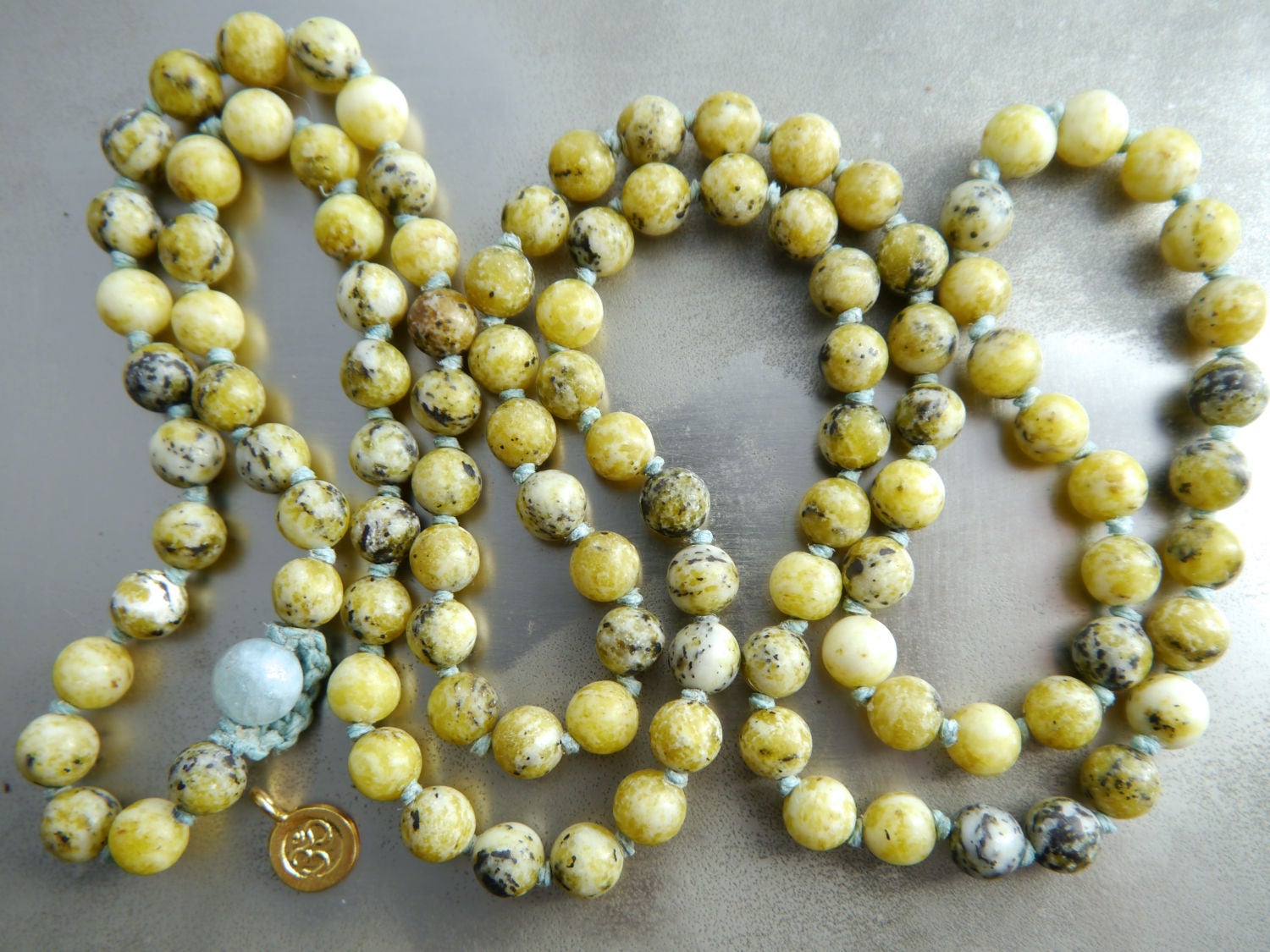 Yellow Turquoise Aquamarine Mala Beads, 108 Gemstone Beads, Wrap, Hand Knotted