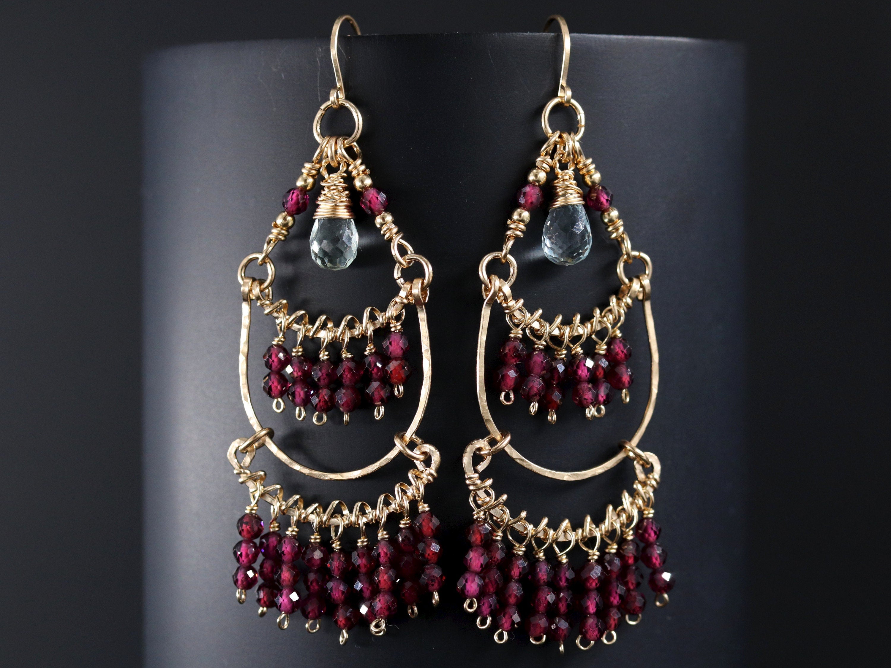 Garnet Aquamarine Long Dangle Earrings, 14K Gold Filled Fringe Drop, Bohemian Jewelry