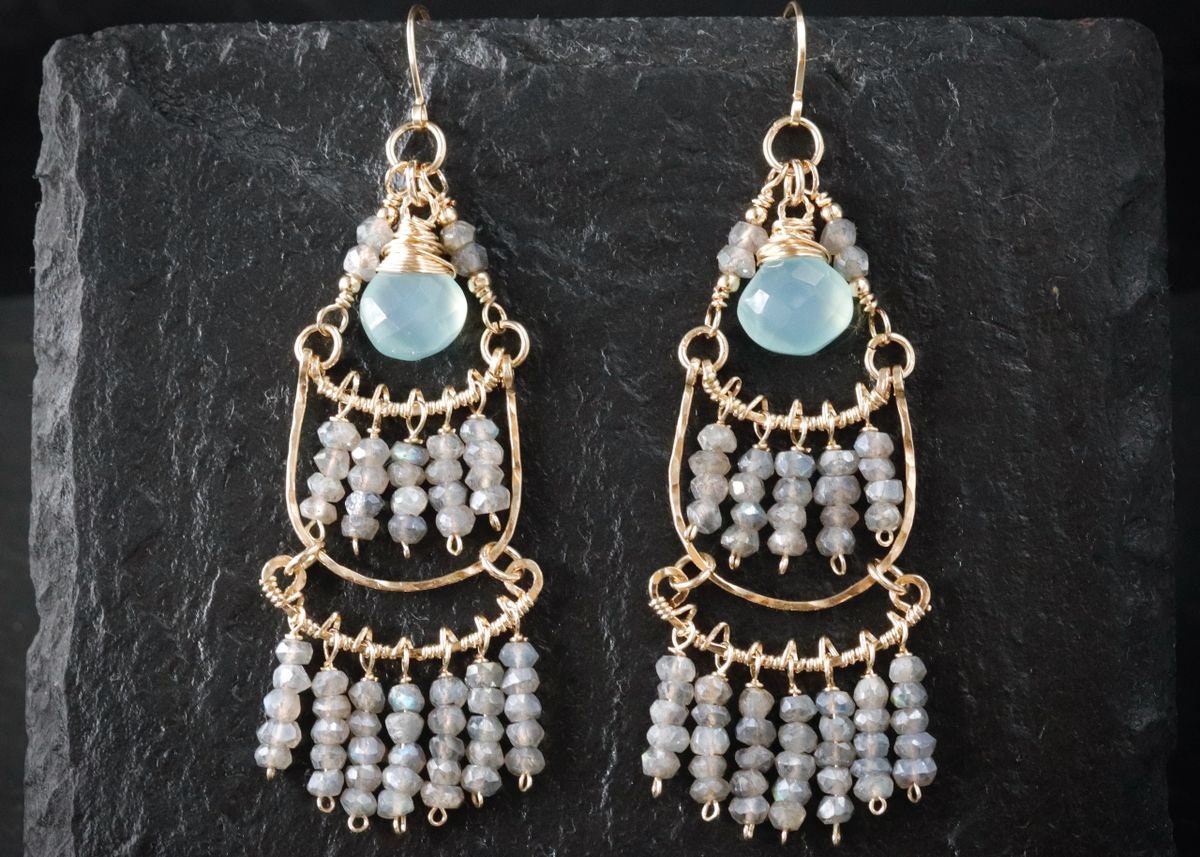 Aqua Chalcedony Labradorite Chandelier Gemstone Earrings, 14K Gold Filled Bohemian Wedding Jewelry