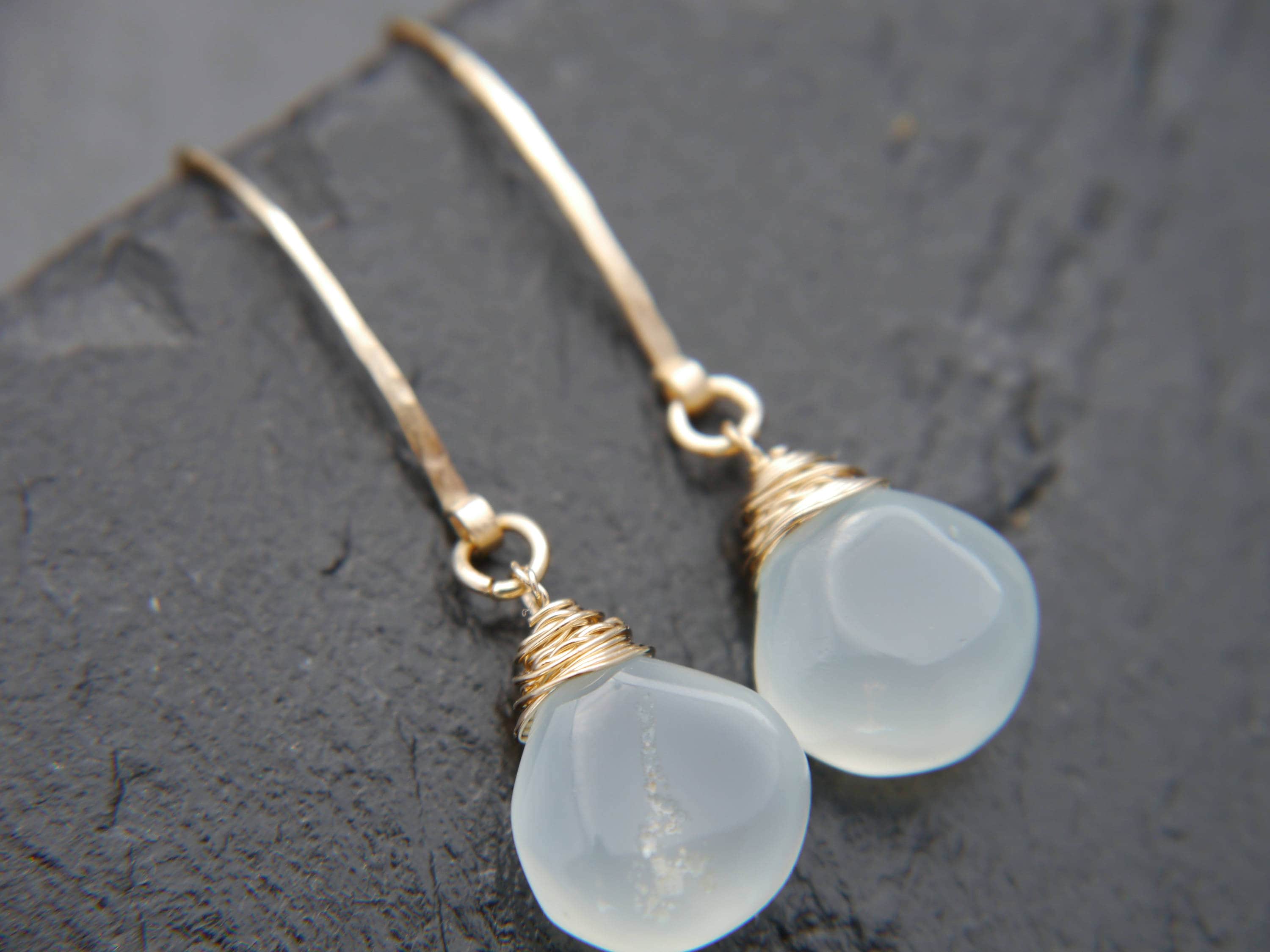 Aqua Chalcedony Heart Briolette Gemstone Earrings, 14K Gold Filled Hoops Dainty