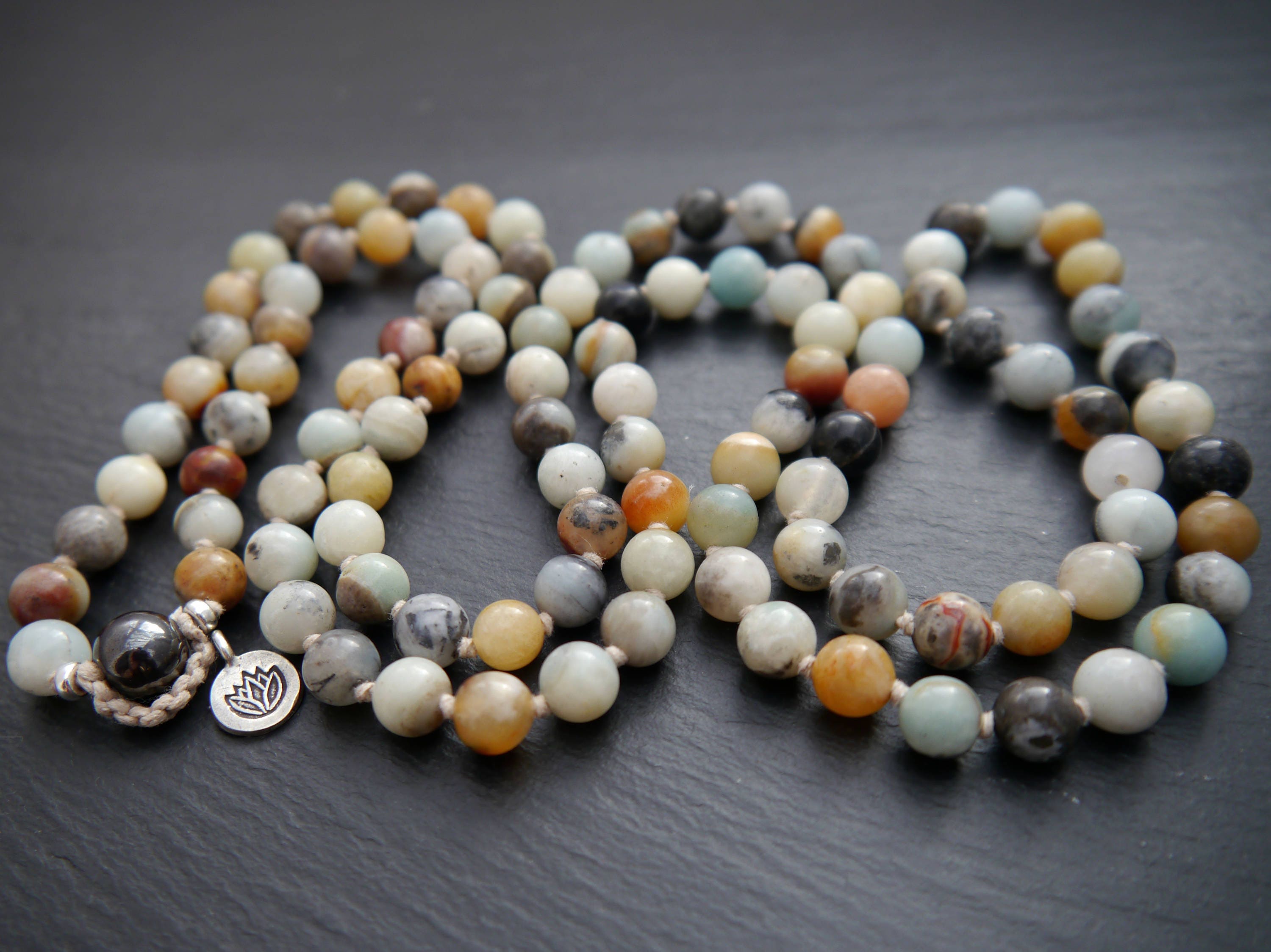 Multicolor Flower Amazonite Mala Beads, 108 Gemstone Beads, Wrap, Hand Knotted