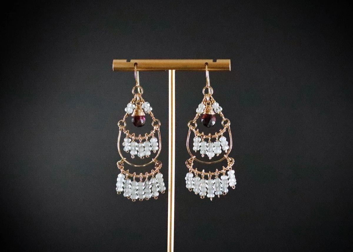 Garnet Aquamarine Fringe Chandelier Gemstone Earrings, 14K Gold Filled Bohemian Jewelry
