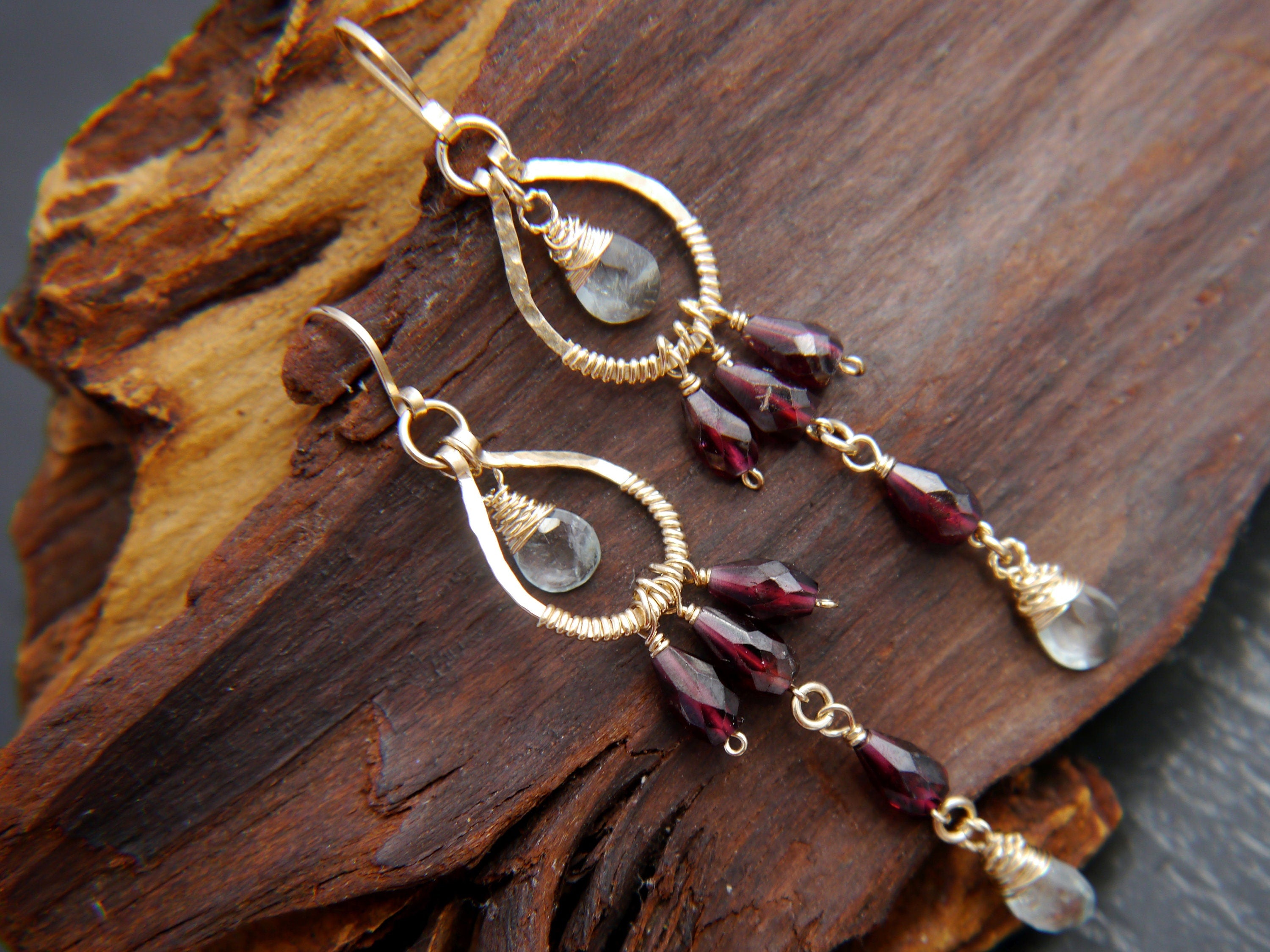Aquamarine Boho Chandelier Earrings, 14K Gold Filled Fringe Dangle