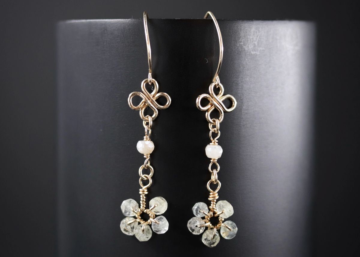 Moss Aquamarine Moonstone Long Dangle Floral Gemstone Earrings, 14K Gold Filled Bridal